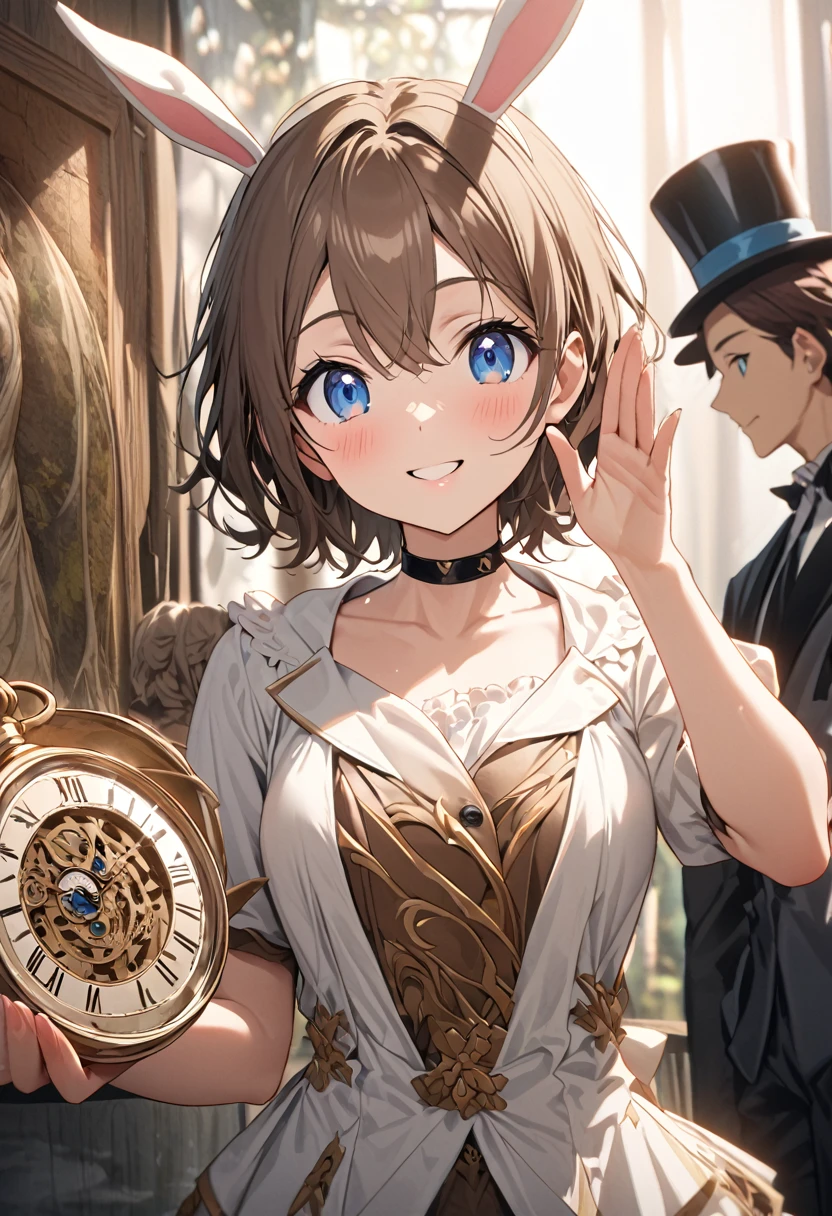 Girl in white top hat and tuxedo、Bunny ears、Choker with large pocket watch、Running Girl、Flustered figure、In the woodasterpiece, best quality, beautiful, exquisite, insanely detailed, hyper detailed, ultra detailed , delightful, smiling, looking at viewer, short hair, brown hair, Blue eyes, big eyes, 比基尼, piercing, Japanese idol, in the afternoon, cute, beautiful, vibrant academia, in the style of luminosity of water, cell アニメ, アニメ, 2d アニメ, soft-edged, soft surface, half body photo, front view, golden ratio, sunlight, Right hand salute