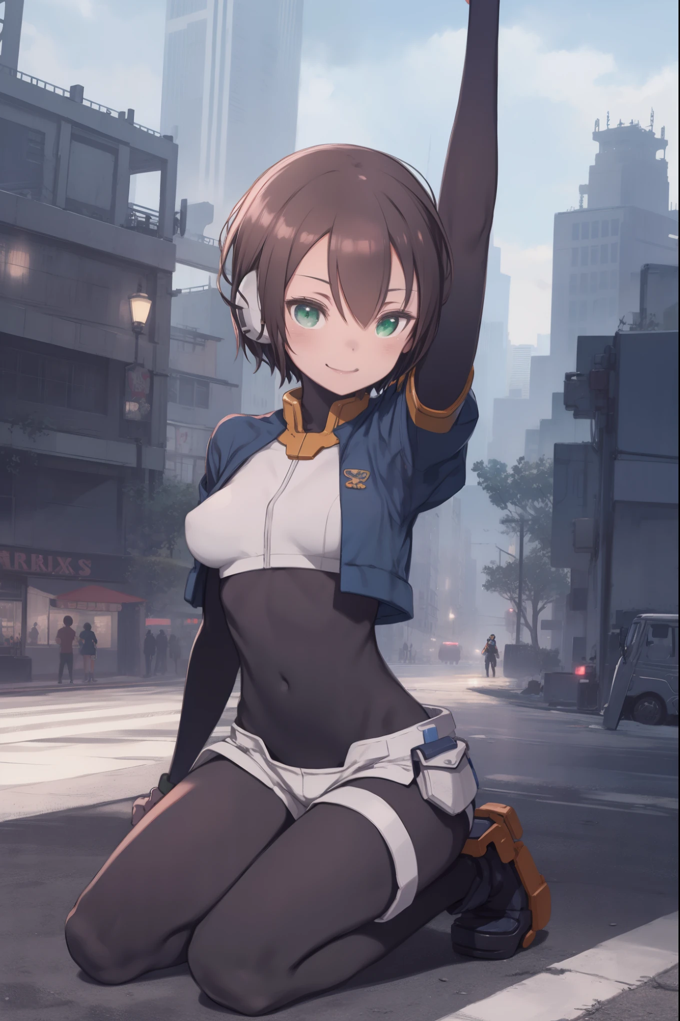 aile_megamanzx, kneeling with one hand on the ground and the other arm raised, 1girl, solo, short hair, brown hair, short sleeves, (bodysuit), robot ears, green eyes, very_short_shorts, short sleeves, short over long sleeves, smile, in futuristic city, , high quality, medium_breasts,crotch, slouch,groin,solo