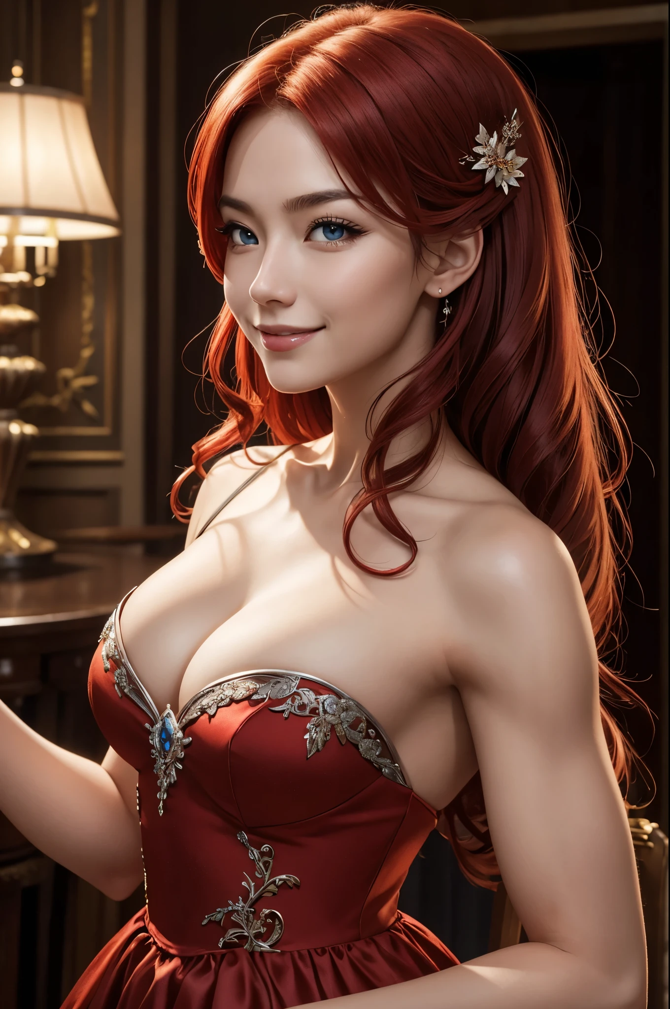 8k,Adult woman with red bushy hair,so beautiful(Like the real thing), strict, elegant, Red Dress, The enchanting aristocrat, silver element, Long nails, Exposing shoulders, Hairstyle, Beautiful expression,blue eyes, Messy, I am proud, Absurd, Elegant dress, Royalty, celebration, Hall decorated with flowers, Cowboy Shot, Portraiture, (Highest quality), (Tabletop), (Very detailed), masterpiece,Highest qualityのフォトリアリスティックなRAW写真。Backlight, Cinema Lighting, Film Grain, to be born, 50mm lens, Nikon D850,Ultra-Realistic Skin,Fantasy art,Character Art,Ultra-high resolution,A muscular and slender macho man,Perfect hands,compensate,Bust shot close-up,Big smile on the lake,Top-down view,Uplifting,Dynamic pose,