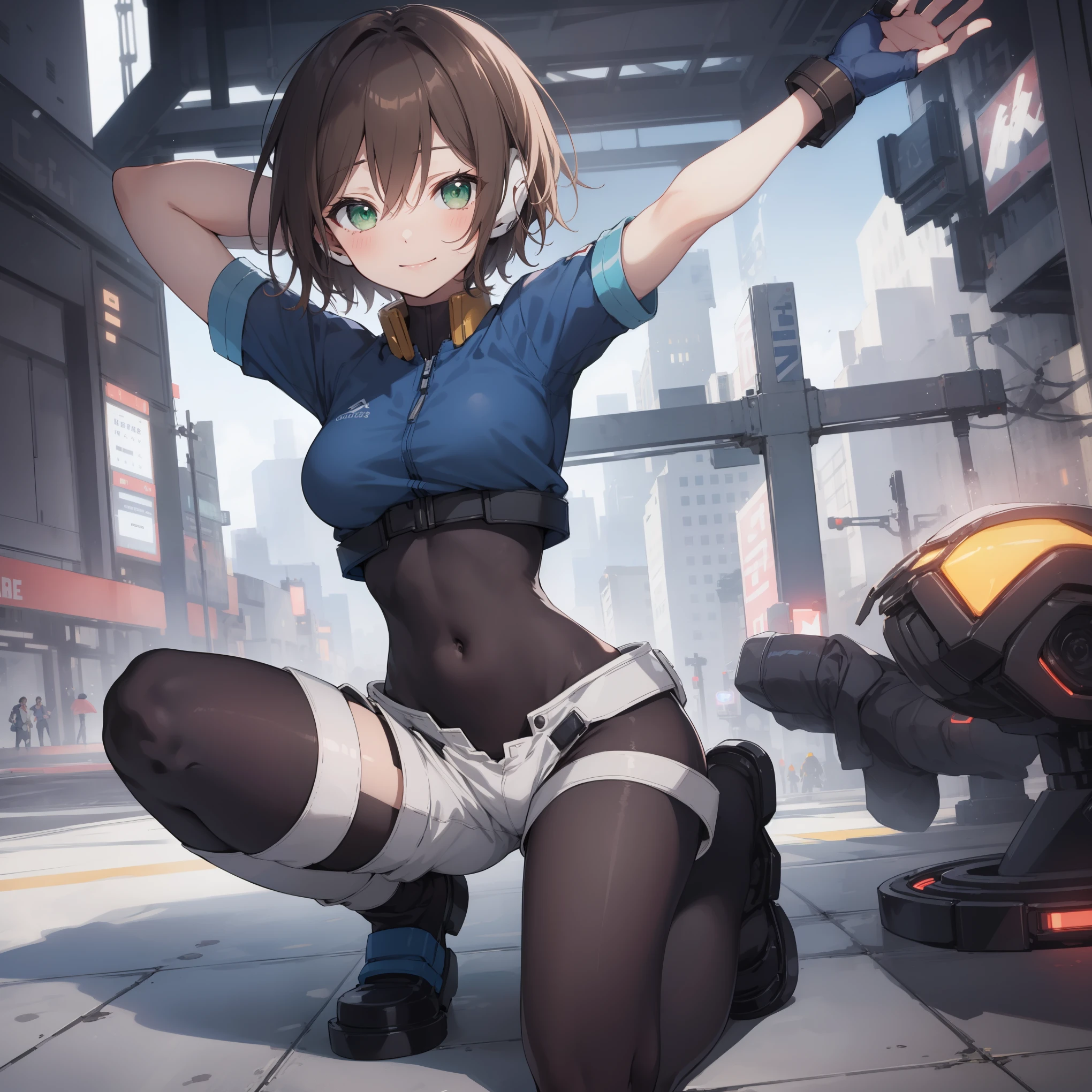 aile_megamanzx, kneeling with one hand on the ground and the other arm raised, 1girl, solo, short hair, brown hair, short sleeves, (bodysuit), robot ears, green eyes, very_short_shorts, short sleeves, short over long sleeves, smile, in futuristic city, , high quality, medium_breasts,crotch, slouch,groin