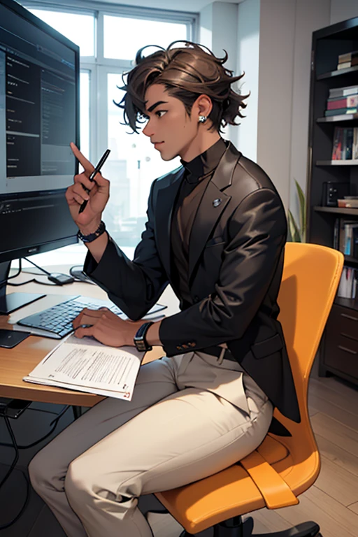 Main Elements: office desk: Location: central, against a wall or under a large window. styled: Modern, com linhas limpas. Preferably in light wood or a combination of metal and glass. Accessories: Organized with pen holders, notebooks, laptop, and a stylish table lamp. ergonomic chair: styled: Contemporary and comfortable, with height adjustment and lumbar support. Farbe: Neutral, como negro, gray or white. mike: role model: mike de estúdio de alta qualidade, com suporte shock mount e pop filter. Location: On the table, on a swing arm or tripod near your computer monitor. Computer and Monitor: chap: Desktop or laptop with large monitor. Position: In the center of the table, with ergonomically positioned keyboard and mouse. Shelves and Bookcases: Location: On the wall behind or next to the table. content: textbooks, organizing folders, some decorative items such as small plants and inspiring figures. Lighting: main: Modern ceiling lamp, preferably pending. Secondary: LED lights built into the shelves and an adjustable desk lamp. Decoration: pictures: Motivational art or images that inspire productivity and creativity. plants: small plantas de interior em vasos modernos para trazer vida ao espaço. Mattire: A soft rug under the table and chair to add comfort and define the workspace. Accessories de Áudio: earbuds: Professionals, hanging or on a dedicated support. Speakers: small, positioned on both sides of the monitor for balanced audio.name: Rafael Silva Age: 29 years old Gender: Male Appearance: body hair: short and curly, dark brown. eyeballs: brown, with a friendly and confident look. Skinned: dark skin tone. vestimentas: styled business casual - camisa social clara, tailored pants and elegant shoes. Sometimes wear a blazer for a more formal look. Accessories: Classic wristwatch and a discreet bracelet.