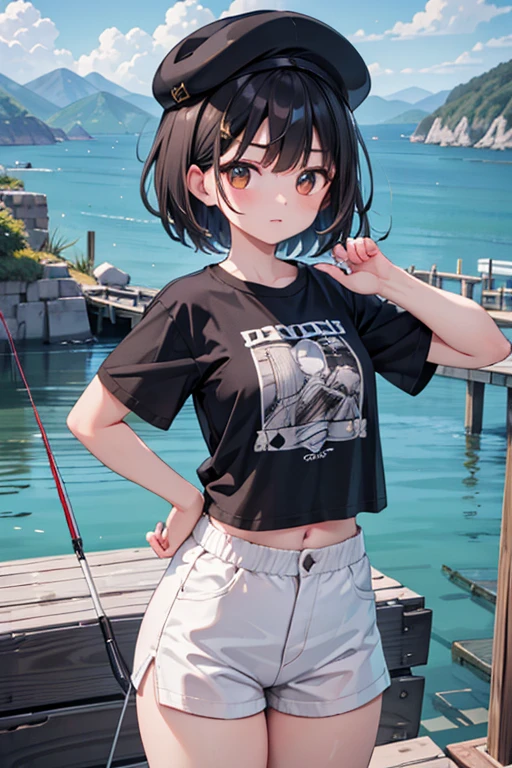 masterpiece,best quality,super detailed,super fine illustration,8k,Break 1girl,独奏,Black Hair,Short Hair,Thick eyebrows,Break fishing port,detailed background,beautiful background,Break Fishing,rod,Break Black T-shirt,Brown shorts,hat
