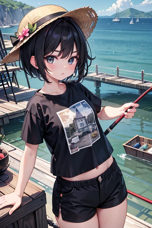 masterpiece,best quality,super detailed,super fine illustration,8k,Break 1girl,独奏,Black Hair,Short Hair,Thick eyebrows,Break fishing port,detailed background,beautiful background,Break Fishing,rod,Break Black T-shirt,Brown shorts,hat