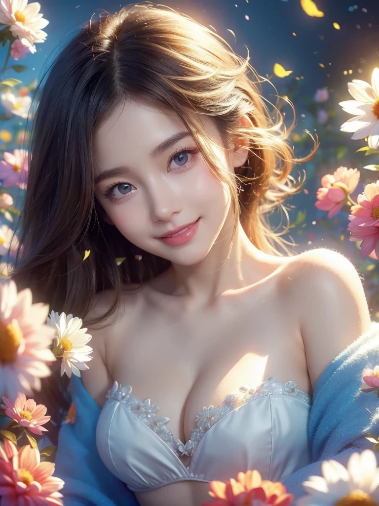 (best quality:1), (high quality:1), detailed/(extreme, highly, ultra/), realistic, studio lighting, vivid colors, 1girl/(beautiful, delicate, perfect/), face, breasts/(cleavage/), depth of field, looking at viewer, smile, flower