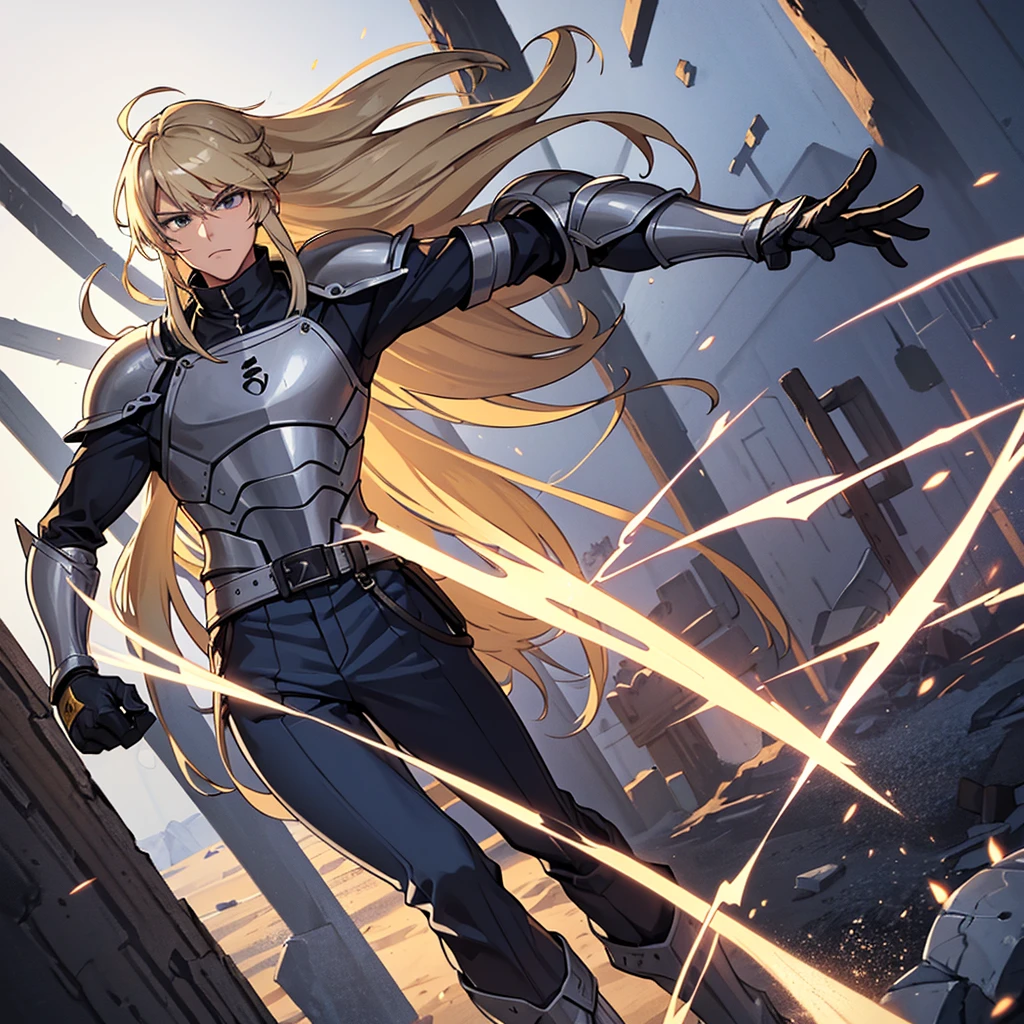(Full body character concept、10 people)、Highest quality, Best Quality, Best illustrations, (((Grey Armor)))、(((Blond long hair man、Long-haired man、male、24-years-old、Cool guy)))、(Medieval Knight)、(Navy blue trousers)、(get annoyed、Clench your teeth)、(Living in the desert)、(White background)、Run、(From the back、back view)、(attack、Same angle、Deathblow、sparks)