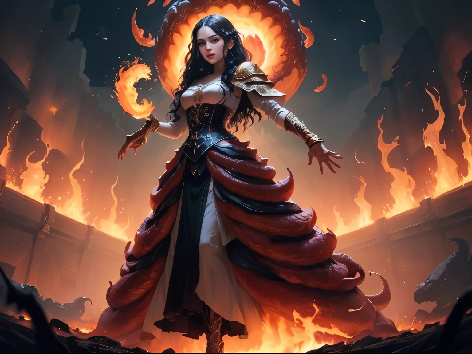 ((best quality)), ((masterpiece)), (detailed), A digital illustration of an injured long black haired woman standing victorious with one hand raised with a giant monster made up of writhing worms getting destroyed in the background. She is wearing a peach-colored princess dress and the background is fiery lava