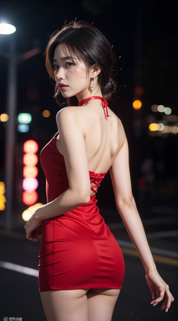 8k,masterpiece,raw photo,best quality,Detail:1.2),hentale realism,Highly granular CG integration 8k,8k,diamonds and wallpapers,depth of field picture film light,Lens Flash,light tracking,(Very pretty look,beautiful lips,beautiful eyes),A face with intricate details,((Ultra-detailed skins))1 girl,Korean Female Model,어둠 속의 어두운 night,deep shadows,pretty korean girl,kpop idol,(Very slim and slender muscular body:1.3),(View audience),(tight miniskirt),(red dress),(injection sleeve),(도시의 night,(neon sign),(night),Beautiful Korean girl earrings,wristband,choker necklace,Lace-up pantyhose,clear eyes,walk,(pale skin),facing forward,(big eyes),((Upper body shot)),tight clothing.,silk dress,Lace-up dresses,see through dress,turn around,rear shot,very slim,slander,slander