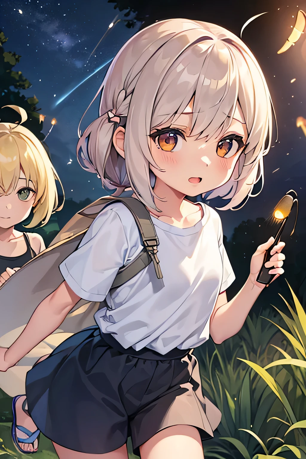Highest quality、High resolution、Detailed Background、(Beautiful face in every detail:1.4)、Anatomically correct、(Normal number of fingers:1.2)、Detailed eyes、Teenage beauty、Highly detailed face、Perfect body line、Light color hair、Bobcut、Braided Ponytail、Braided twin tails、well-groomed eyebrows、Natural beauty、Excited、(Under the night sky:1.2)、A fun atmosphere、Cowboy Shot、(Two girls searching for and observing fireflies:1.5)、
The girl's eyes sparkle、The small hand points to the surface of the river、My friend and I are following the glow of fireflies through the bushes.、
While calling out to each other, they searched carefully through the grass.、The light of fireflies appearing one by one from among the bushes、
Using the light of a flashlight, I approached quietly and observed、The girls are fascinated by the fireflies that shine so hard with their small bodies.、
Friends watching fireflies through a magnifying glass and drawing pictures in a sketchbook、Open the illustrated book and discuss the types of fireflies and their ecology.、
Incorporate bright colored tops and reflective materials instead of just black or navy blue、T-shirts and 、Black leggings、sandals、Insect repellent spray、flashlight、drink、towel、Insect netting、Keep the flashlight light low、magnifying glass、Illustrated Book、Wonderful summer memories、cute
