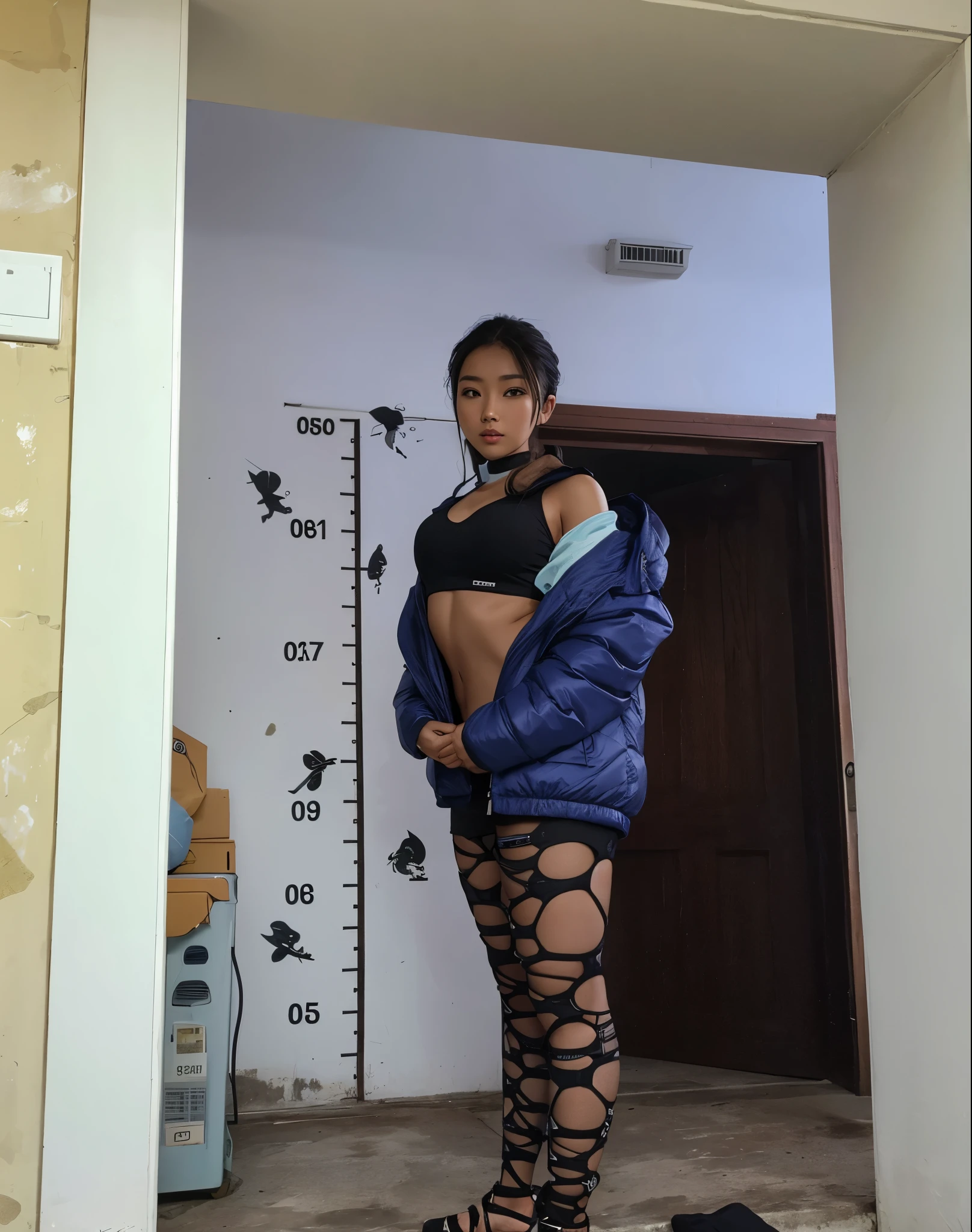 Wear holes,black,Beautiful Asian girl in blue down jacket showing off her shoulders