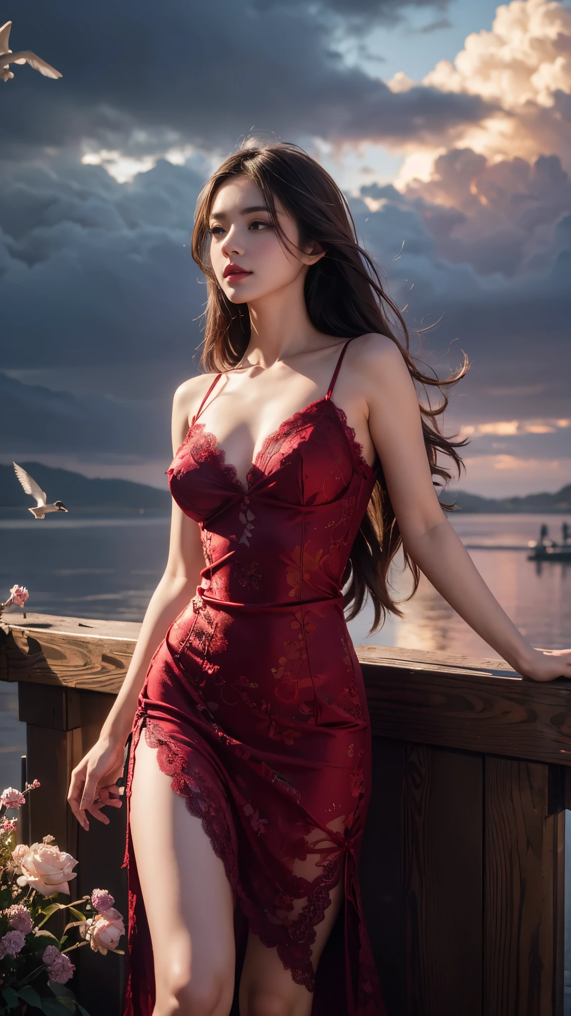 8K, UHD, masterpiece, 1 girl, good face, very long hair, detailed eyes, detailed lips, light makeup, small breasts, ((ornament dress)), maroon dress, ((strap lace)), stocking, in the cloud, cloudy sky, flowers, water, heaven, flying birds, dim lighting, realistic shadow, bloom, ray tracing,
