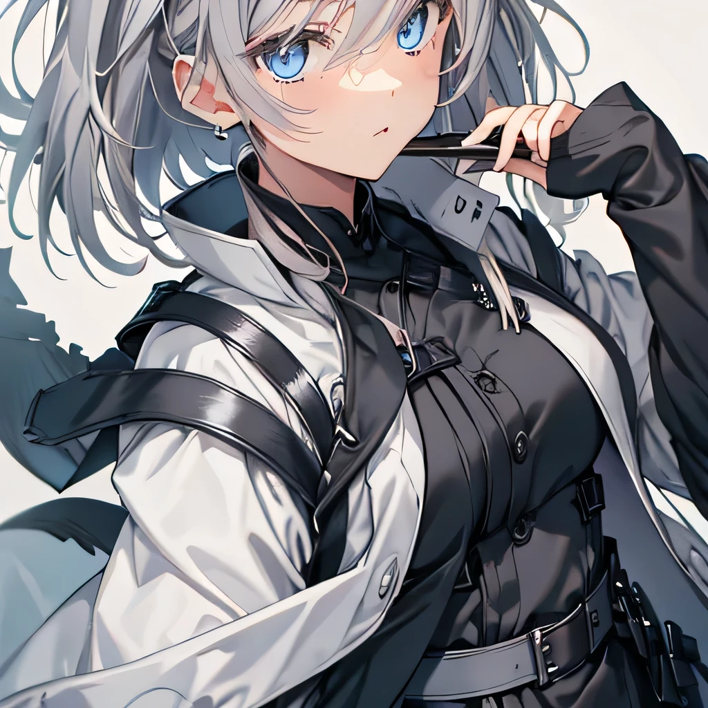 【Highest quality, Tabletop】 [One girl, coat, Expressionless, Positive, (Gray Hair:1.5),Straight Hair, (Shortcuts:1.4),(blue eyes:1.3), Oversized black jacket, Black Skirt, Take off your jacket, Large Breasts,Upper Body] (Gray white background:1.5),Wooden sword,