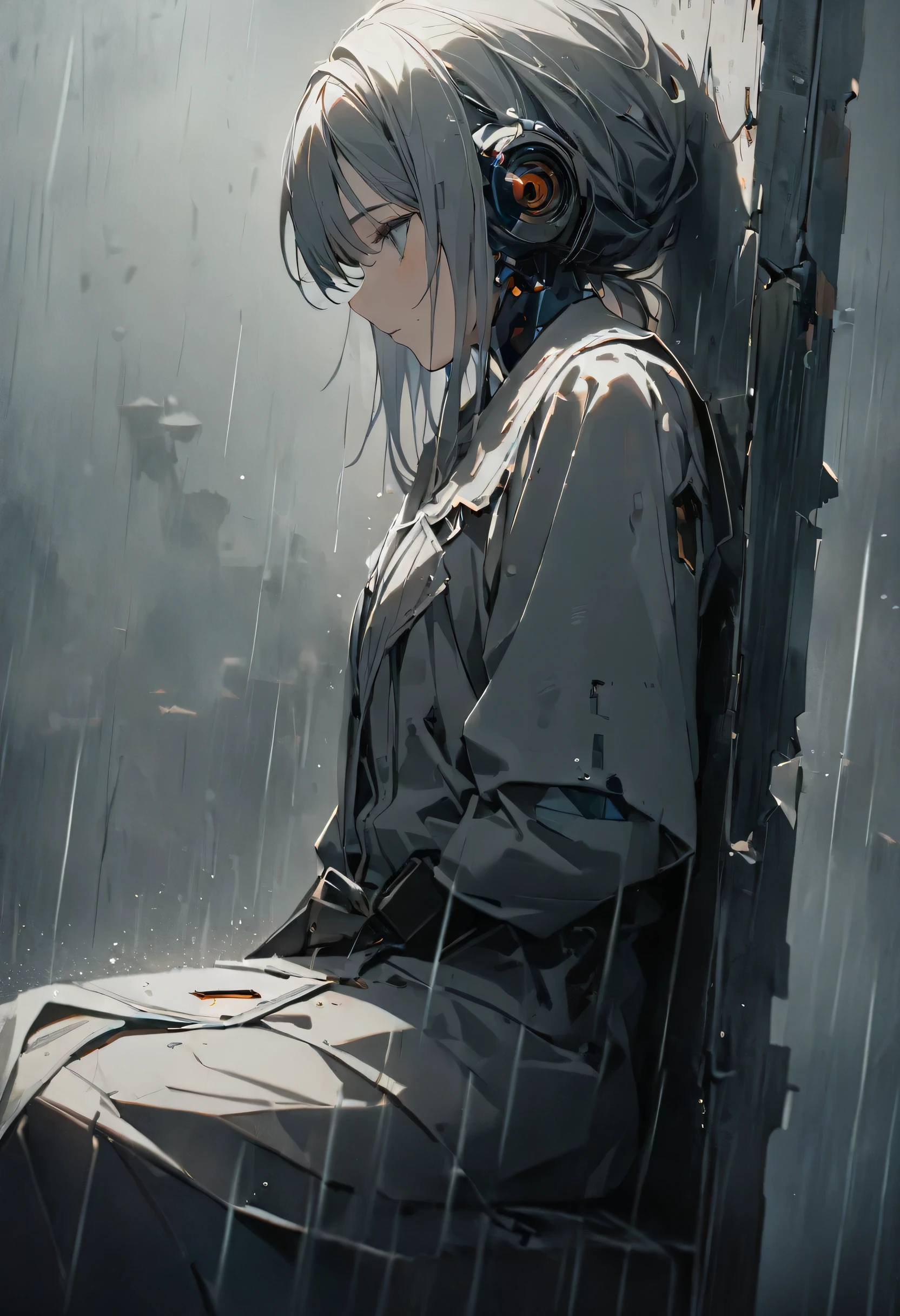 (8k, Highest quality)、Ultra-high resolution、Adorable、Highest quality, beautiful, Absurd beauty、masterpiece、Best image quality、Rainy old background,Broken Android,A sad and poignant piece,Grey World,An android girl who continues to believe even after being abandoned by humans.close,Downward,profile,cute,Girls sitting back to back