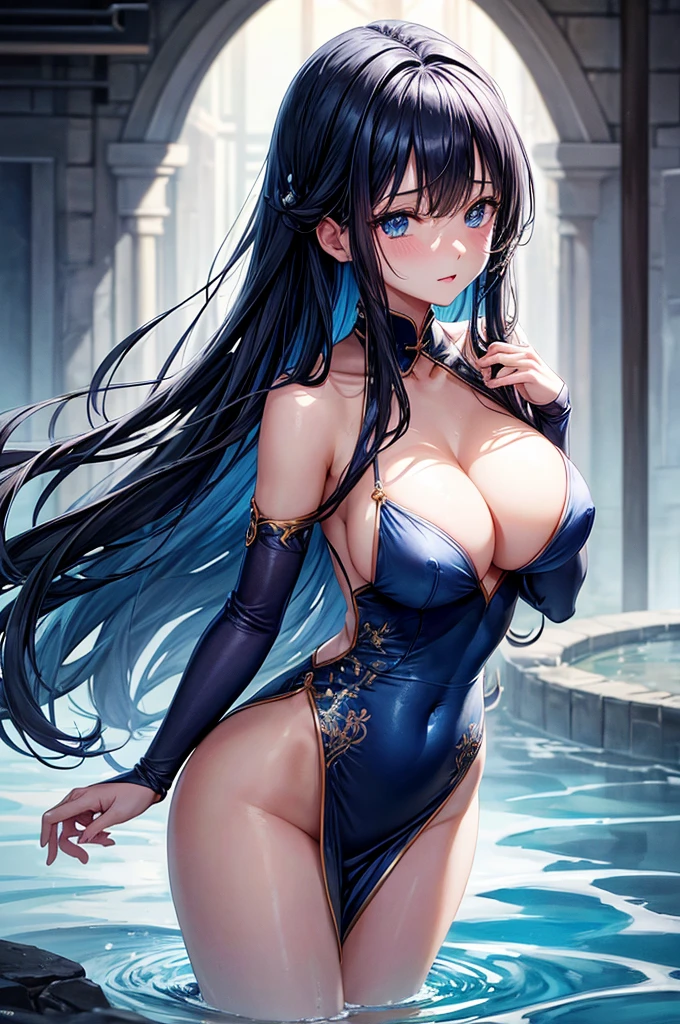 sheストッキングを履いてオマンコを見せている、8k、China dress、Highest quality、Tabletop、Ultra HD、Very detailed、so beautiful、Very detailed髪質、so beautiful、Portraiture、Ezvian everywhere、Captivating look、Beautiful woman、long dark blue hair、blue eyes、Glowing Skin、bursting breasts、Very large breasts、Very big ass、Water droplets running down the skin、The background is a great night pool、naked、Excessive pubic hair growth、Two Arms、Two legs、I can see、blush、she'I feel good、Detailed and high-resolution clothing fabrics、I want to see her pussy、彼女のI can see、China dressはハニカム柄です、Sweat running down my whole body、Chinese style sexy black stockings、Wearing stockings、I can see pussy、the body is very wet、China dress:1.5、On all fours、Showing anal