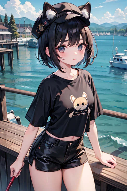 masterpiece,best quality,super detailed,super fine illustration,8k,Break 1girl,独奏,Black Hair,Short Hair,Thick eyebrows,Dog ears,Break fishing port,detailed background,beautiful background,Break Fishing,rod,Break Black T-shirt,Brown shorts,hat