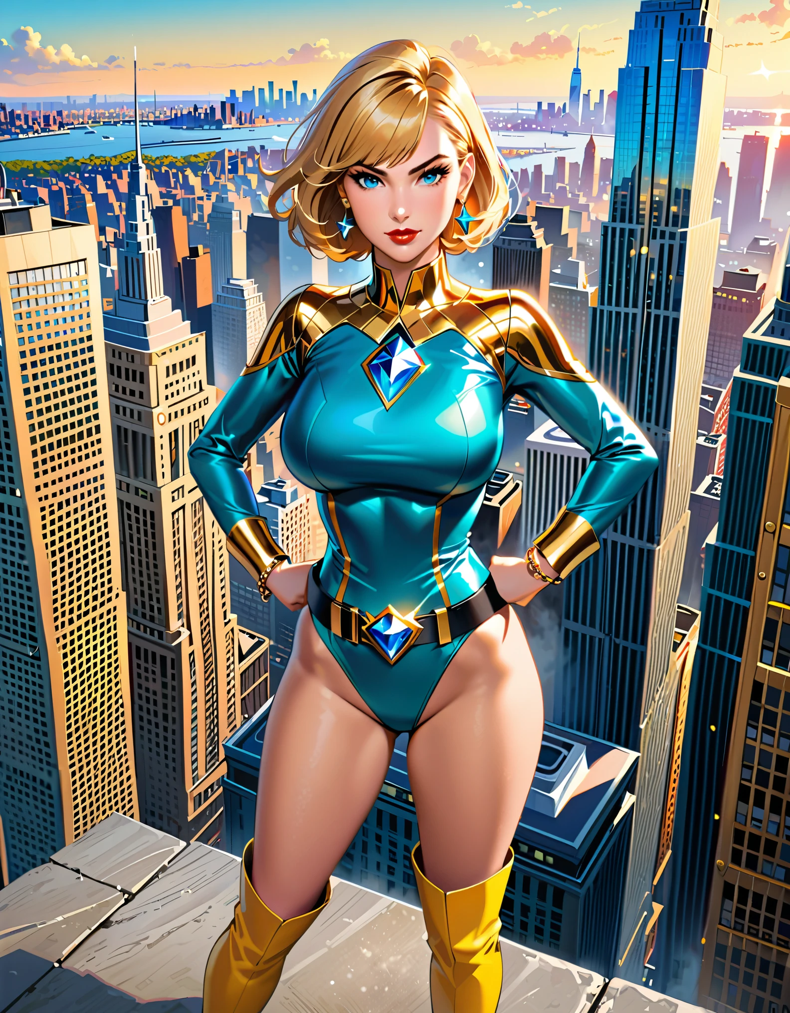 (masterpiece), (best quality), (hires), highly detailed, professional, 1lady, mature lady, tall body, (gold belt, tight belt), blonde hair, short hair, bob hair, blue eyes, beautiful detailed eyes, beautiful detailed face, blue earrings, (ankle-length boots, knee boots, yellow boots, yellow footwear), (large breasts, medium breasts), new york city backdrop, sky, cityscape, hands on hip, (teal and yellow leotard, sleeves, long sleeves, tight sleeves, perfect fit), (gold bracelets), bare legs, perfect hands, complete fingers, red lips, skyscraper, solo, solo focus, superhero, ((gold star symbol on chest)), ((blue diamond belt buckle)), standing, cowboy shot, full body shot, full body with costume, heroic pose, semi-realistic, serious. heroic atmosphere.