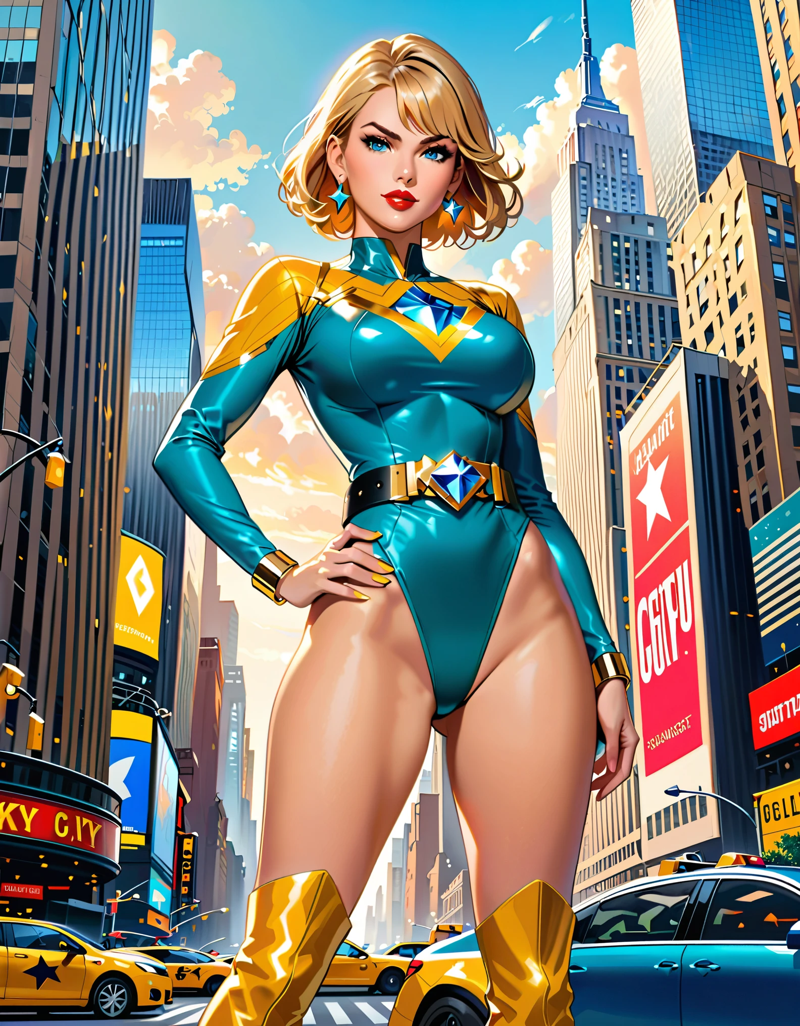 (masterpiece), (best quality), (hires), highly detailed, professional, 1lady, mature lady, tall body, (gold belt, tight belt), blonde hair, short hair, bob hair, blue eyes, beautiful detailed eyes, beautiful detailed face, blue earrings, (ankle-length boots, knee boots, yellow boots, yellow footwear), (large breasts, medium breasts), new york city backdrop, sky, cityscape, hands on hip, (teal and yellow leotard, sleeves, long sleeves, tight sleeves, perfect fit), (gold bracelets), bare legs, perfect hands, complete fingers, red lips, skyscraper, solo, solo focus, superhero, ((gold star symbol on chest)), ((blue diamond belt buckle)), standing, cowboy shot, full body shot, full body with costume, heroic pose, semi-realistic, serious. heroic atmosphere.