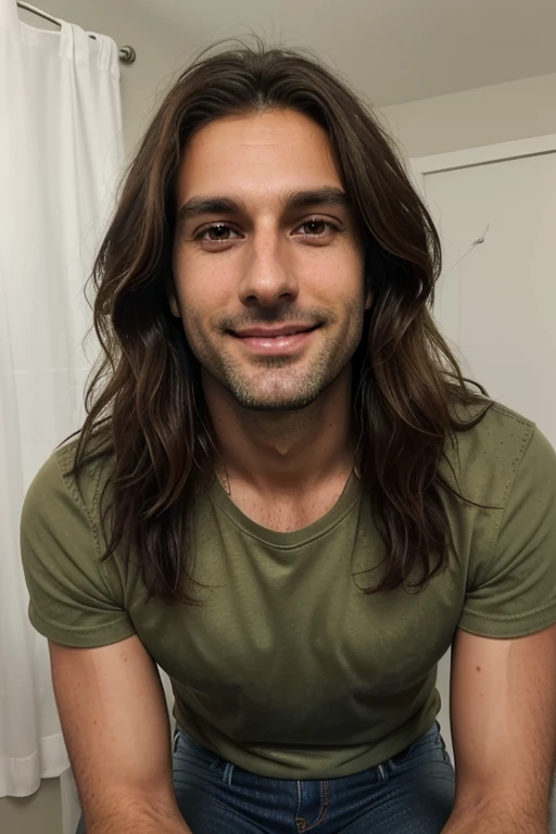 Handsome and tall English man, olive skin, he's 38 years old,  his hair is dark brown and tousled, his hair is wavy, a little long and messy above his shoulders, olive skin, well-built, muscular, thin, he is 1.85 m, gorgeous smile, hazel eyes, unshaven stubble, cheeky personality, big eyes, deep sight, straight nose, thin lips,  he wears a t-shirt and jeans. Smiling