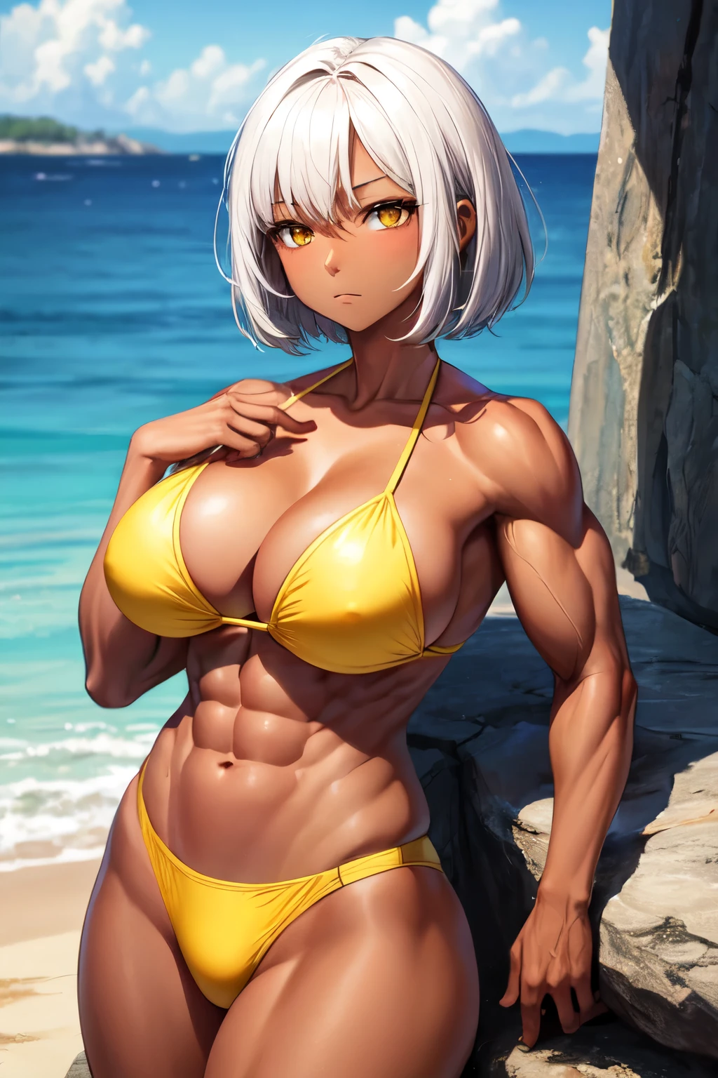 beautiful woman, dark skin, short white hair, yellow eyes, yellow bikini, very large bust, muscular body, calm expression, high quality