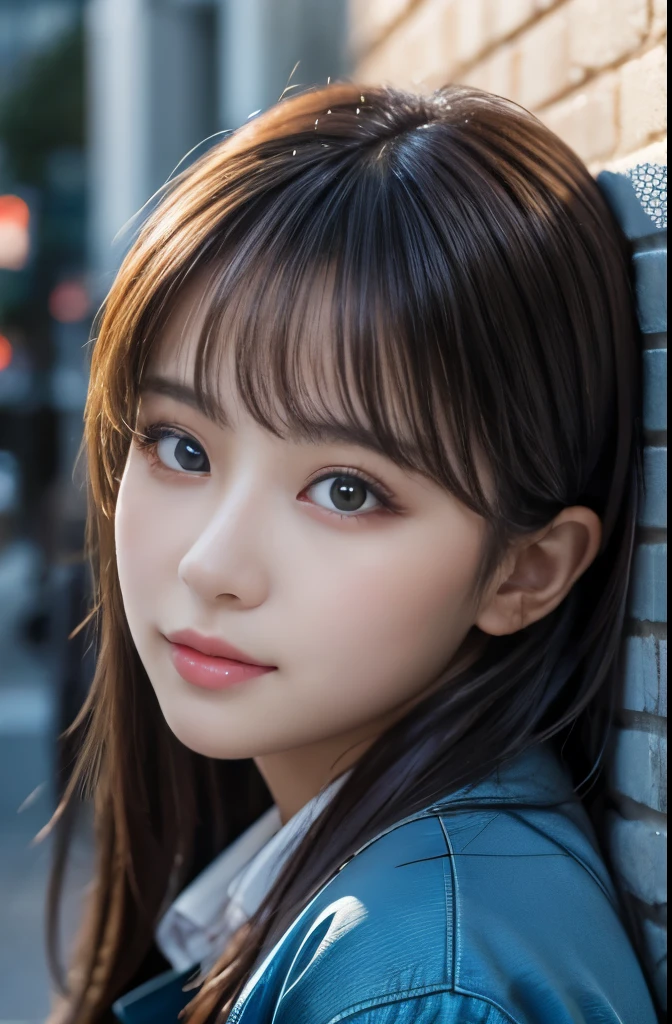 Asian woman in a blue jacket leaning against a wall, Ultra high definition, Detailed facial depiction, Detailed eye depiction,Shining eyes that store light, Soft and fluffy lips,Lip gloss, Soft skin texture, Silky white skin, Side light, Professional photography,