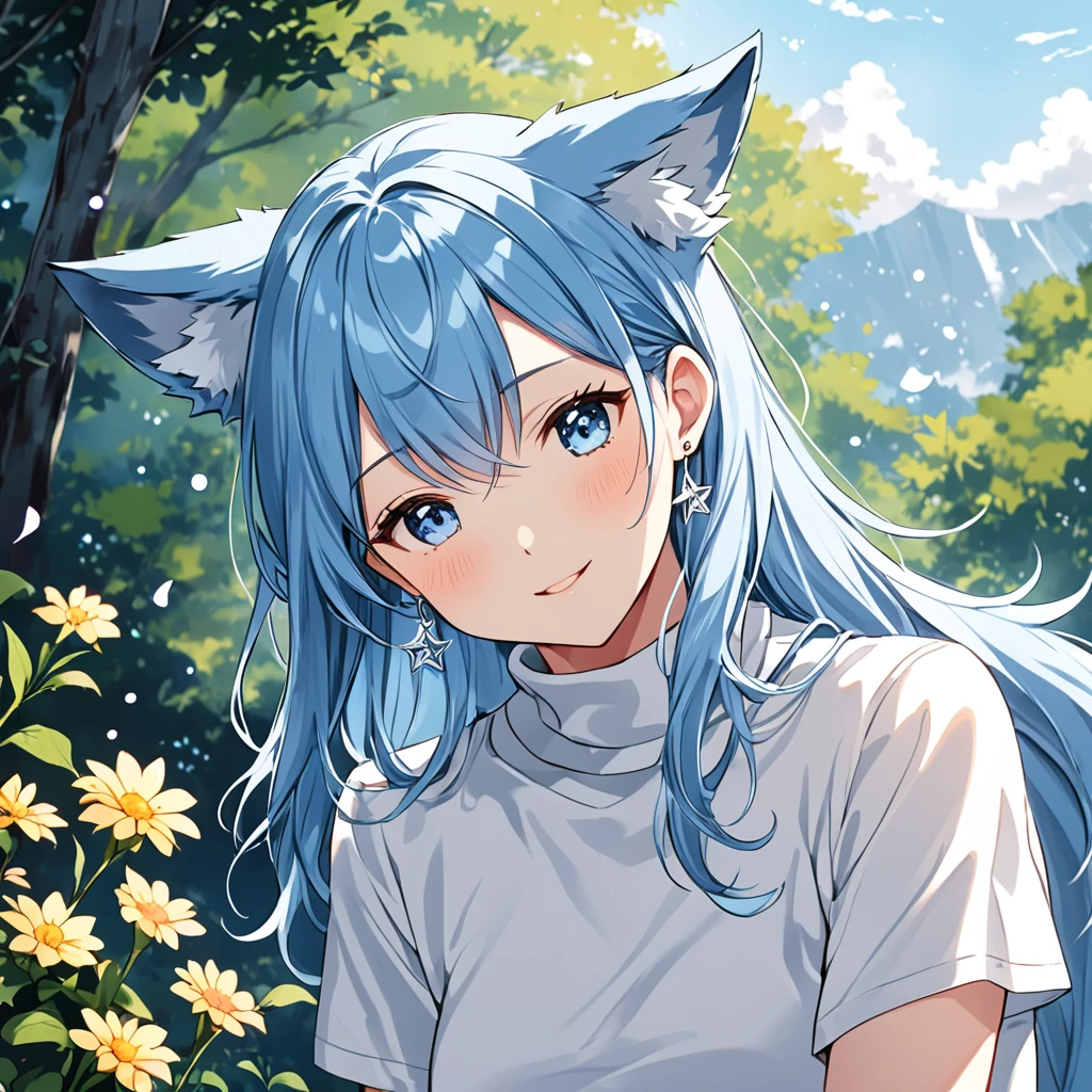 A girl with sky blue hair, long and a little wavy, falling gracefully from the shoulders.
 Big and clear, always glowing with curiosity and enthusiasm.
clear and smooth, with a lightness that highlights its semi-human nature.
 wolf's ears, covered in soft blue fur, positioned on top of the head, giving a lovely and distinguished look.
A blue wolf tail that wags happily, reflecting your emotions.
A white micro t-shirt with a turtleneck, fitted and with a cute design that matches your age.
A low-waisted pencil skirt, decorated with small star or flower designs for a childlike touch.
Slender and exposed, but in an appropriate and innocent way, highlighting your slender figure.
Small earrings in the shape of hearts or stars, adding a charm .
 Often seen with arms crossed cutely or with one hand raised, as if he was excitedly explaining something.
Always with a radiant smile or an expression of curiosity, ready to discover new stories.
Extremely curious and always asking questions, loving learning about the world around you.
 Full of energy and enthusiasm, Always on the move and ready for the next adventure.
 Very friendly and always ready to make new friends, being very loved by everyone who knows her.
She has a natural intuition that helps her find good stories and notice details that others might overlook.
It has a resistance slightly above average, allowing you to keep up with the pace of adventures without getting tired easily.
 Extremely developed hearing and smell, thanks to its wolf characteristics.
