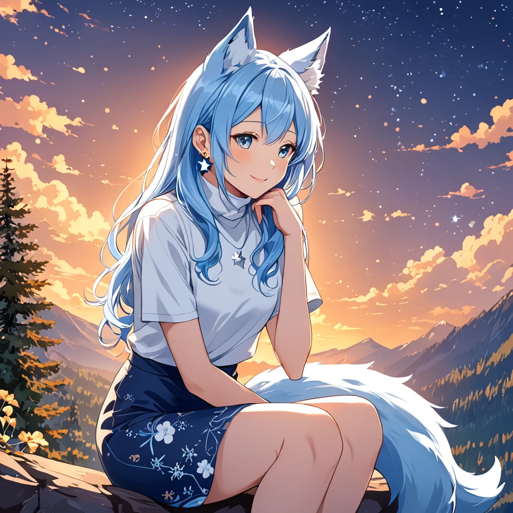 A girl with sky blue hair, long and a little wavy, falling gracefully from the shoulders.
Big and clear, always glowing with curiosity and enthusiasm.
clear and smooth, with a lightness that highlights its semi-human nature.
wolf's ears, covered in soft blue fur, positioned on top of the head, giving a lovely and distinguished look.
A blue wolf tail that wags happily, reflecting your emotions.
A white micro t-shirt with a turtleneck, fitted and with a cute design that matches your age.
A low-waisted pencil skirt, decorated with small star or flower designs for a childlike touch.
Slender and exposed, but in an appropriate and innocent way, highlighting your slender figure.
Small earrings in the shape of hearts or stars, adding a charm .
Often seen with arms crossed cutely or with one hand raised, as if he was excitedly explaining something.
Always with a radiant smile or an expression of curiosity, ready to discover new stories.
Extremely curious and always asking questions, loving learning about the world around you.
Full of energy and enthusiasm, Always on the move and ready for the next adventure.
Very friendly and always ready to make new friends, being very loved by everyone who knows her.
She has a natural intuition that helps her find good stories and notice details that others might overlook.
It has a resistance slightly above average, allowing you to keep up with the pace of adventures without getting tired easily.
Extremely developed hearing and smell, thanks to its wolf characteristics.