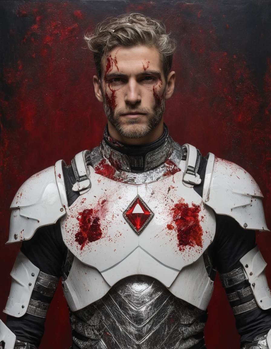 {{Masterpiece, best quality, oil painting, by Gustav Klimt, by Franz von Stuck, by Gustave Moreau}}, ((((((the full body portrait of a 30 year old male cyborg, manly, sexy, tall, muscular, he has blood covered silver hair, splattered in blood scarred face, sullen, arrogant, haughty, majestic, furious)))))), ((((He is splattered in blood, wearing a blood covered white cyborg plate armor with moth elements, with a red diamond shape on his chest)))). (((burning covered in blood background)))
