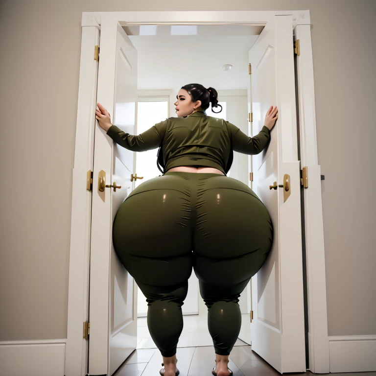 masterpiece, 1girl behind a doorway, from behind, (doorstuck, stuckfront:1.3), ssbbw ,huge wide hips, round belly, thick thighs, giant butt,colorful clothing, wearing a olive green suit and tie and formal pants, upset, desperately trying to wiggle through, she tries to free herself but she won't budge, she is stuck , she is too wide, the doorway is quite narrow too, she kicks her legs furiously, trying to wiggle her hips through the small door, but its no good, the door is too small, she keeps trying to squeeze through with frustration, she is stuck too tight