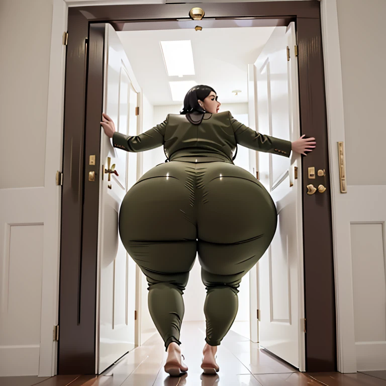 masterpiece, 1girl behind a doorway, from behind, (doorstuck, stuckfront:1.3), ssbbw ,huge wide hips, round belly, thick thighs, giant butt,colorful clothing, wearing a olive green suit and tie and formal pants, upset, desperately trying to wiggle through, she tries to free herself but she won't budge, she is stuck , she is too wide, the doorway is quite narrow too, she kicks her legs furiously, trying to wiggle her hips through the small door, but its no good, the door is too small, she keeps trying to squeeze through with frustration, she is stuck too tight