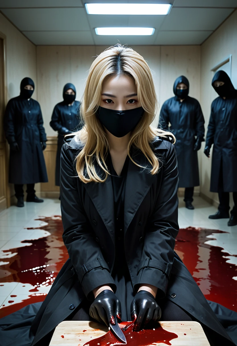 korean beautiful girl, (behind multiple corpse:1.3), (surgical mask), holding knife, stabbing, black gloves, blood splatter, room full of blood, black trench coat, woman on top, hood up, holding knife, black gloves, behind corpse, blonde hair, glamorous, night, mass murderer, robbery, dark atmosphere, cinematic lighting, atmospheric realistic,
