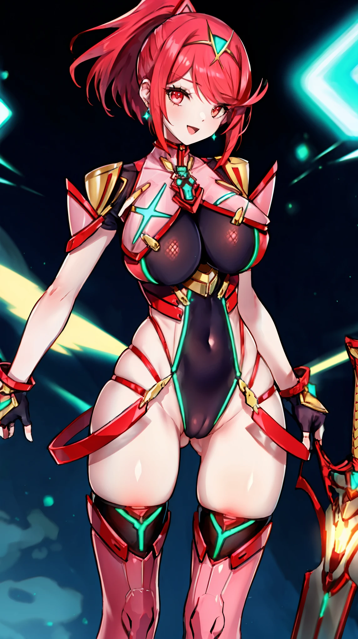 pyra \(xenoblade\), _1girl, , armor, bangs, black gloves, breasts, red eyes, light_open_mouth, earrings, eyelashes, fingerless gloves, floating hair, framed breasts, gem, gloves, hair ornament, headpiece, jewelry, big_breasts, leaning back, swimsuit, neon trim, official art, pose, red hair, saitou masatsugu, short hair, sidelocks, skin tight, solo, swept bangs, thighhighs, tiara, fantasy_town_background, underbust, vambraces, xenoblade chronicles \(series\), (xenoblade chronicles 2), (spread_legs:1.1), fire_effect,dynamic_pose,fighting,light_smile, (plump:0.8), big_ass,huge_sword, hold_large_sword_hilt, covered_nipples, (covered_pussy:0.8),back_view, fists,ponytail,plump,beautiful_fingers,(solo:1.1)