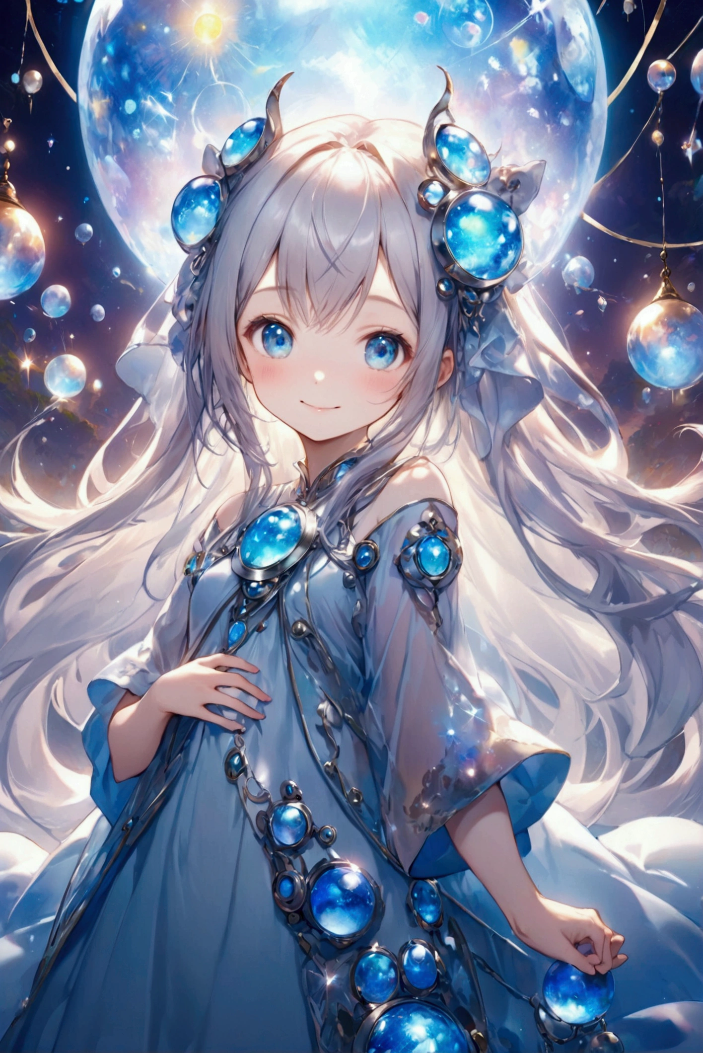 (Highest quality, 8k, 32K, masterpiece, Ultra-high resolution,:1.2),to be born, One Girl,So cute , A fantasy background reminiscent of an electronic world, clear, Shining Eyes, Age 25 ,Fair skin, Fantasy Clothing, Long Hair, An innocent smile