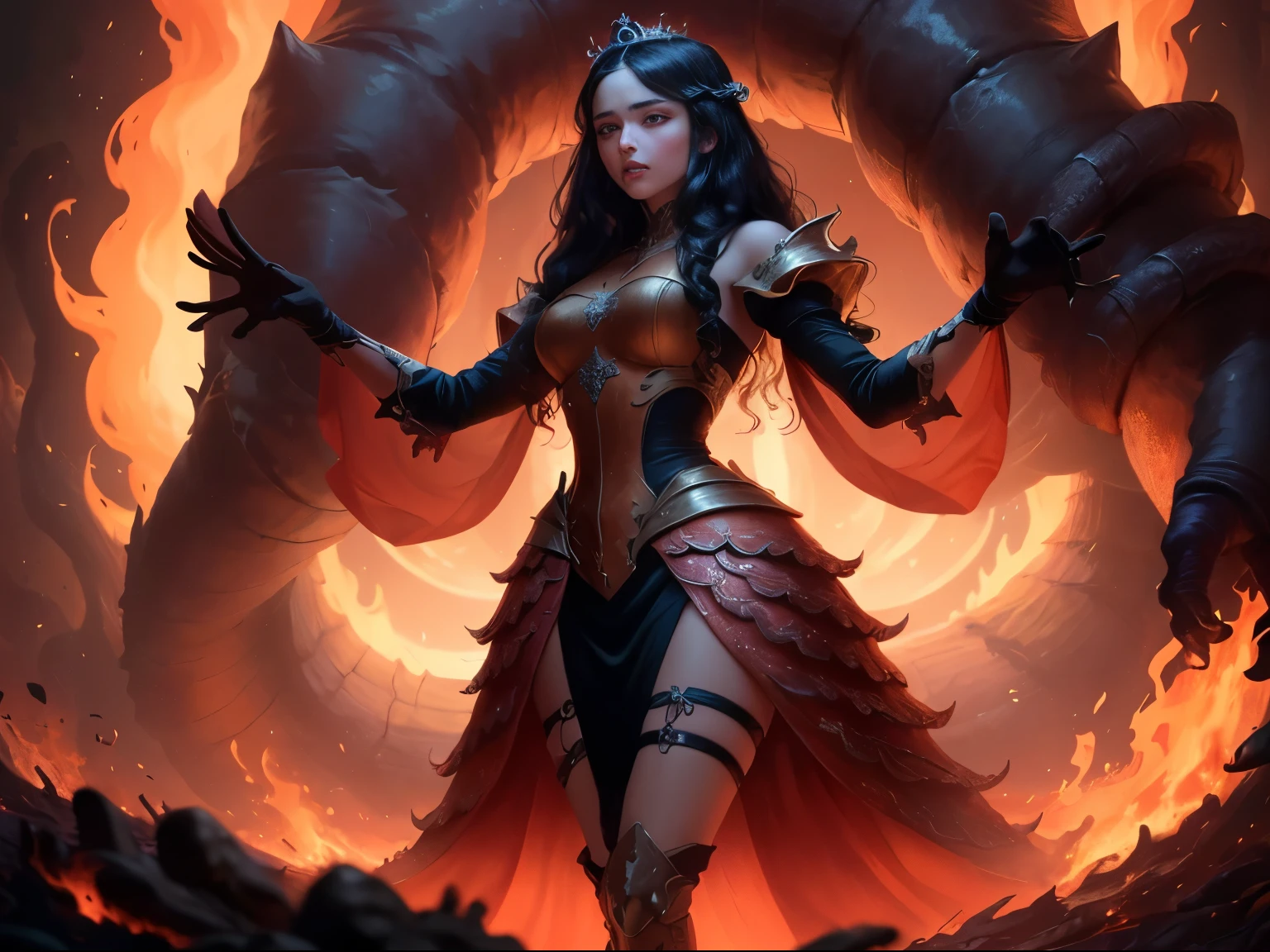 ((best quality)), ((masterpiece)), (detailed), A digital illustration of an injured long black haired woman standing victorious with one hand raised with a giant monster made up of writhing worms getting destroyed in the background. She is wearing a peach-colored princess dress and the background is fiery lava