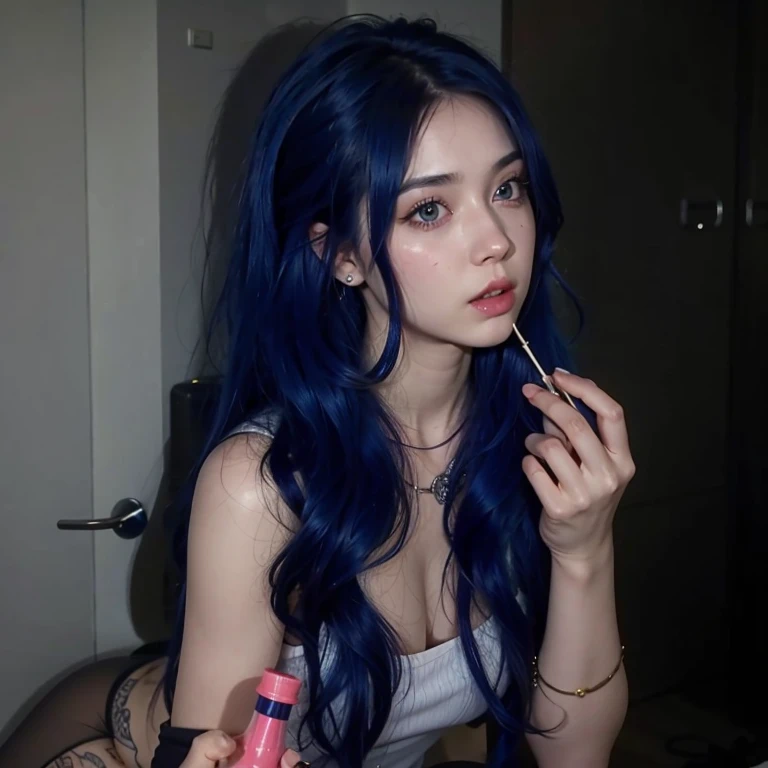 Blue-haired woman with long hair and piercings posing for a photo., With long blue hair, with long blue hair, chica perfecta de For the blue, Ava Max, tifa lockhart con For the blue, pale porcelain white skin, anime girl in real life, with black hair, For the blue, very blue hair, with long blue hair, His hair is blue