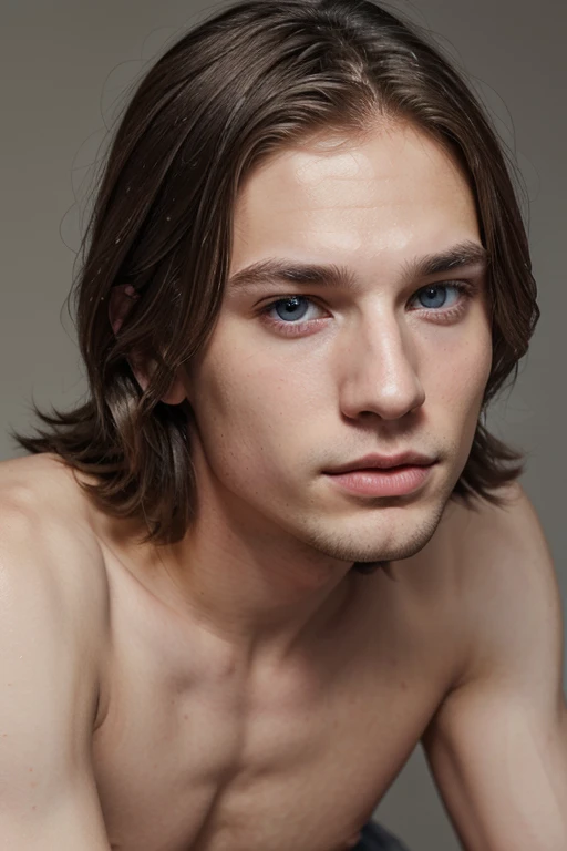 Young white-skinned man , with blue-gray eyes that shine warmly. He has thin lips and a slightly upturned nose.. His face is thin, but has a soft and seductive expression. shoulder length hair