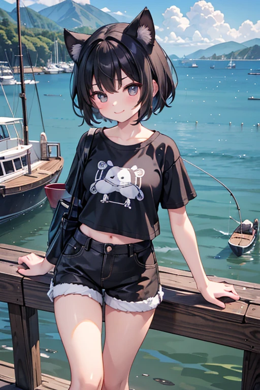 masterpiece,best quality,super detailed,super fine illustration,8k,Break 1girl,独奏,Black Hair,Short Hair,Thick eyebrows,Dog ears,smile,Break fishing port,detailed background,beautiful background,Break Fishing,Break Black T-shirt,Brown shorts,