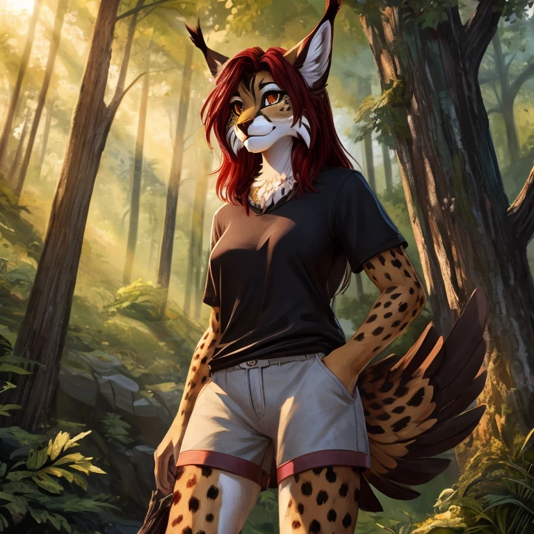 Masterpiece, best quality, (solo), female anthro eagle gryphon with lynx ears, avian, wears black shirt with shorts, dark brown fur, fluffy body, dark red hair, gold eyes, neutral pose, standing in the forest, sunny day