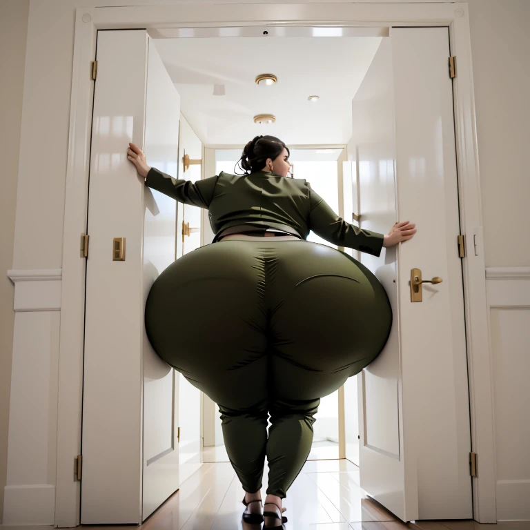 masterpiece, 1girl behind a doorway, from behind, (doorstuck, stuckfront:1.3), ssbbw ,huge wide hips, round belly, thick thighs, giant butt,colorful clothing, wearing a olive green suit and tie and formal pants, upset, desperately trying to wiggle through, she tries to free herself but she won't budge, she is stuck , view from the front, she is too wide, the doorway is quite narrow too, she kicks her legs furiously, trying to wiggle her hips through the small door, but its no good, the door is too small, she keeps trying to squeeze through with frustration, she is stuck too tight