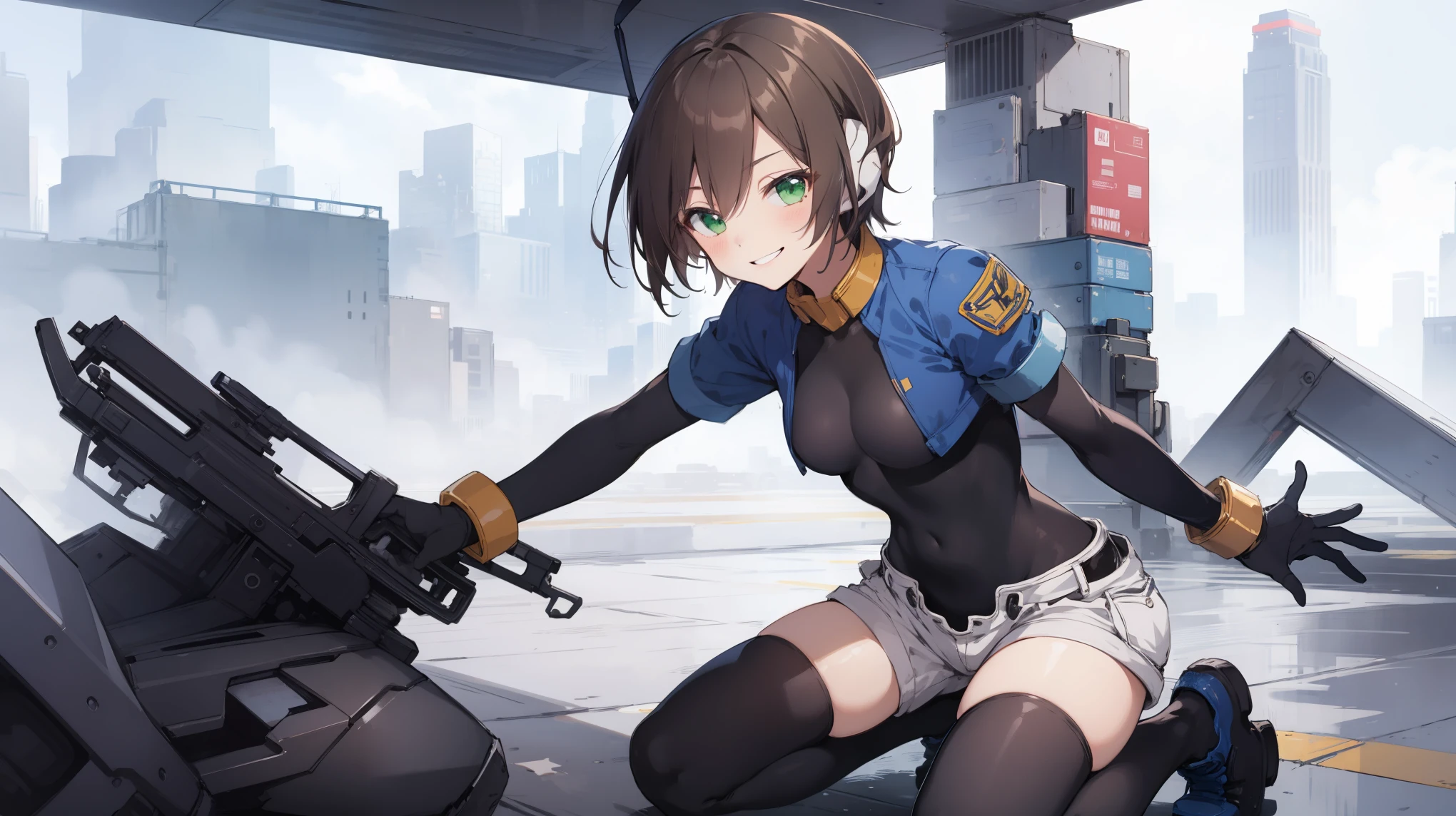 aile_megamanzx, kneeling with one hand on the ground and the other arm raised, 1girl, solo, short hair, brown hair, short sleeves, (bodysuit), robot ears, green eyes, short_shorts, short sleeves, short over long sleeves, smile, in futuristic city, , high quality, medium_breasts,crotch, slouch