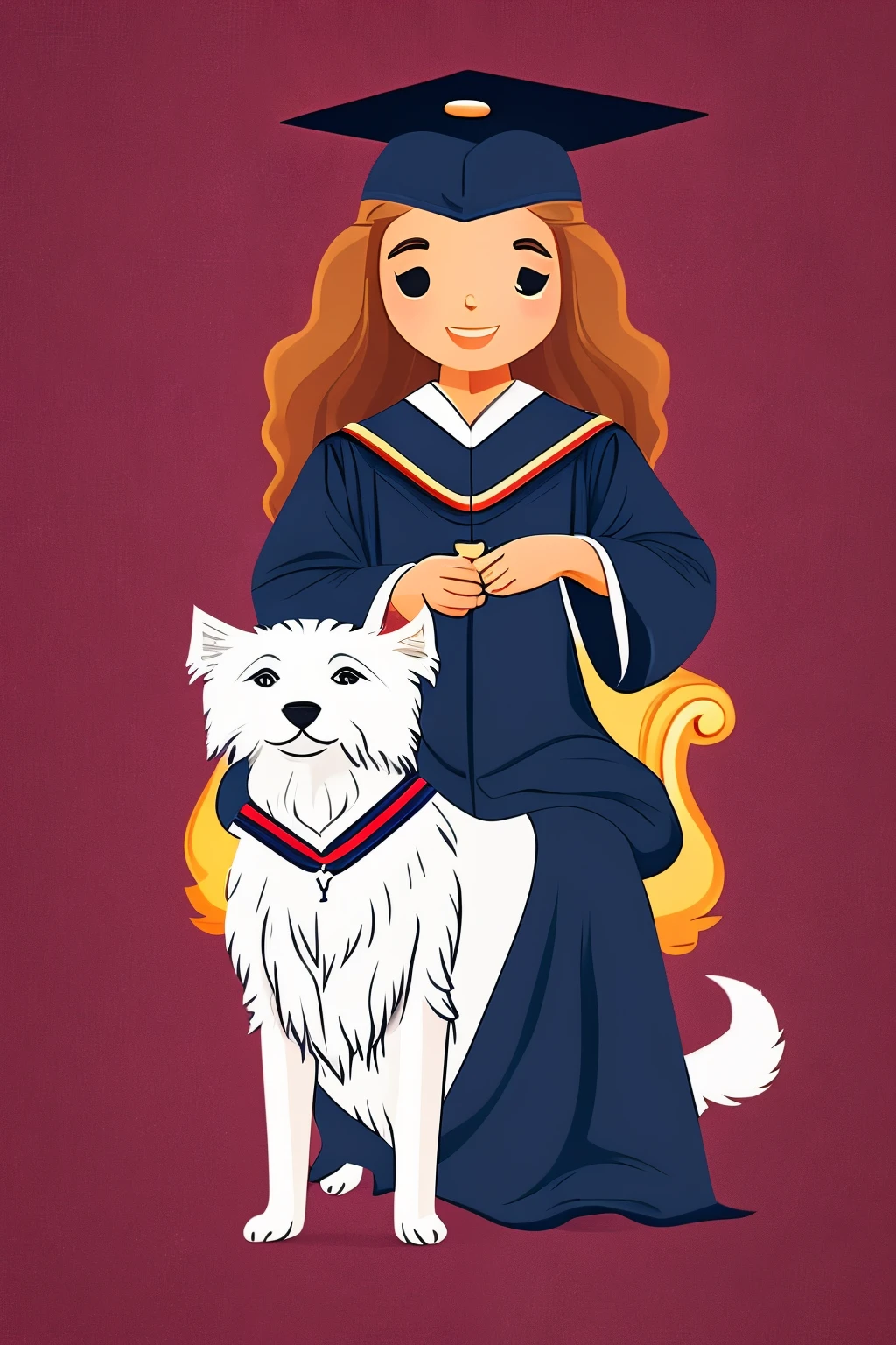 logotype, woman with dog on her lap, in college graduation clothes