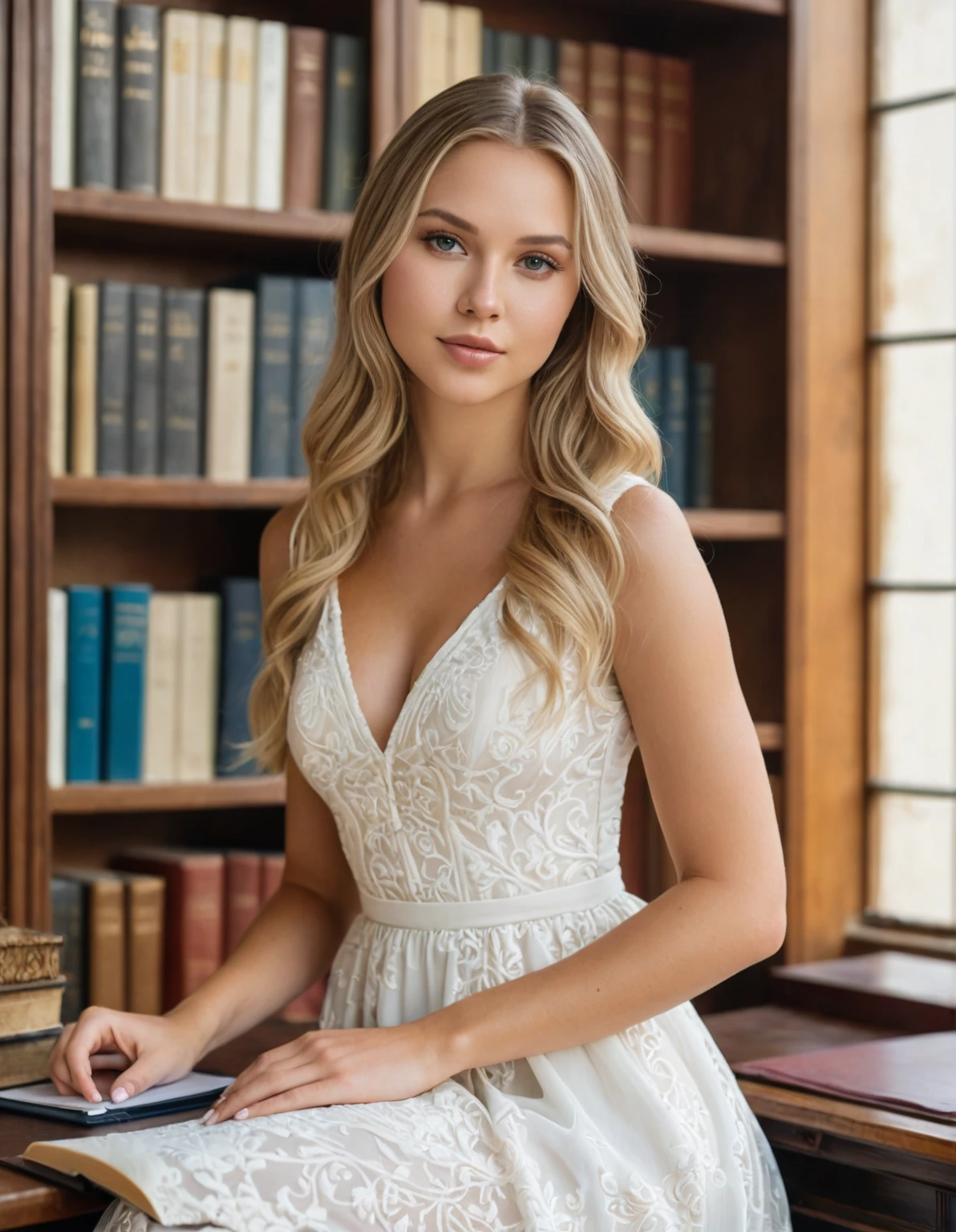 Extremely light white woman, young, neoteny,adult, very long and straight light blonde hair, full body,angelical face, large rounded butt, thin waist, curved hips bare feet, hyper realistic, angelical face, hourglass body, sexy body, big ,in a room,welcoming, affectionate and kind personality,hourglass body, curves,facial features identical to the image,hyper realistic