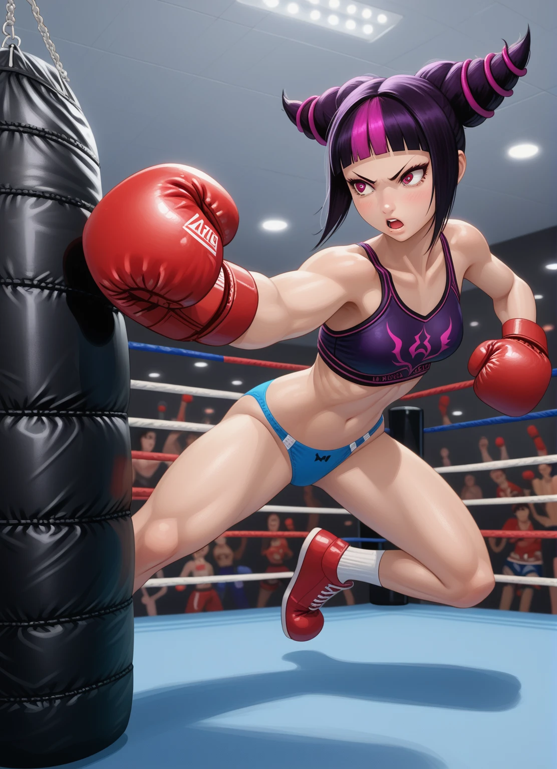 anime girl with purple hair and blue panties posing next to a punching bag, punching in a bag, juri misaki, boxing, in a boxing ring, fight pose, marin kitagawa fanart, game art!!, anime moe artstyle, ilya kuvshinov. 4 k, fighting pose, boxing stance, commission for high res, ilya kuvshinov style