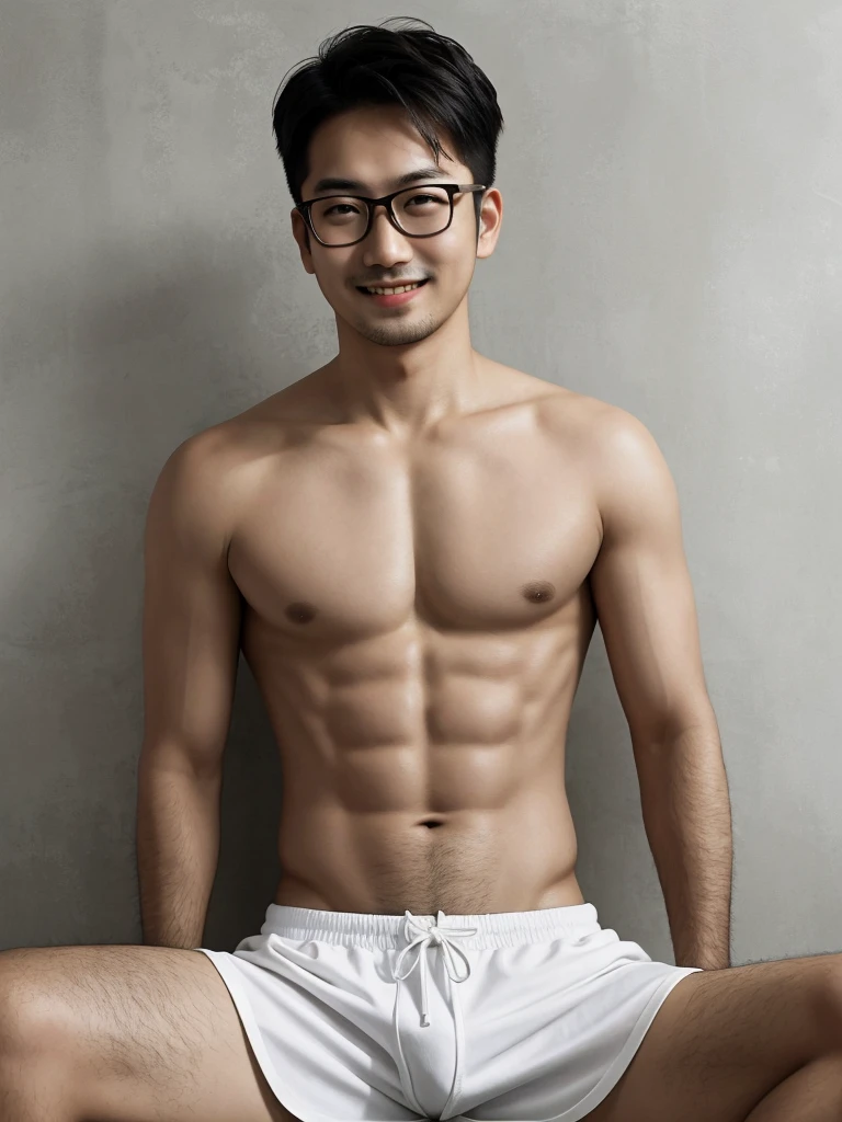 (protrait photo) asian man, 30 years old, wear glasses, shirtless, panties, His hair is neat, Face clean and clean, round face, short hair, eyes reveal wisdom and confidence, He smiles and looks at the camera, Convey a professional and capable temperament, Ultra high quality, masterpiece, textured skin, high quality, high resolution, best quality, high detail, full-length photo, whole body, sitting, lifted arms, spread legs
