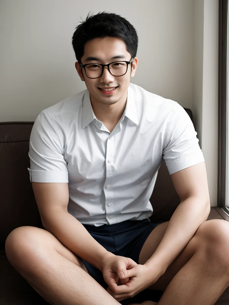(protrait photo) asian man, 30 years old, wear glasses, shirtless, panties, His hair is neat, Face clean and clean, round face, short hair, eyes reveal wisdom and confidence, He smiles and looks at the camera, Convey a professional and capable temperament, Ultra high quality, masterpiece, textured skin, high quality, high resolution, best quality, high detail, full-length photo, whole body, sitting, lifted arms, spread legs