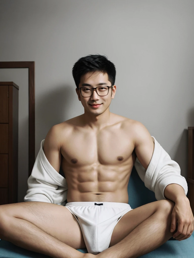 (protrait photo) asian man, 30 years old, wear glasses, shirtless, panties, His hair is neat, Face clean and clean, round face, short hair, eyes reveal wisdom and confidence, He smiles and looks at the camera, Convey a professional and capable temperament, Ultra high quality, masterpiece, textured skin, high quality, high resolution, best quality, high detail, full-length photo, whole body, sitting, lifted arms, spread legs