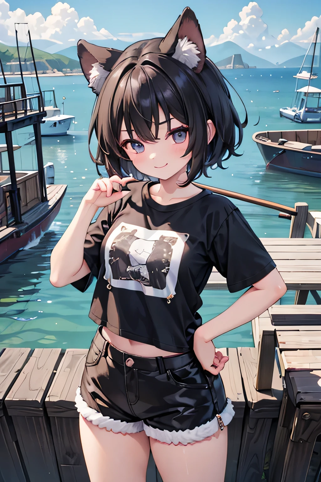 masterpiece,best quality,super detailed,super fine illustration,8k,Break 1girl,solo,Black Hair,Short Hair,Thick eyebrows,Dog ears,smile,Break fishing port,detailed background,beautiful background,Break Fishing,Break Black T-shirt,Brown shorts,