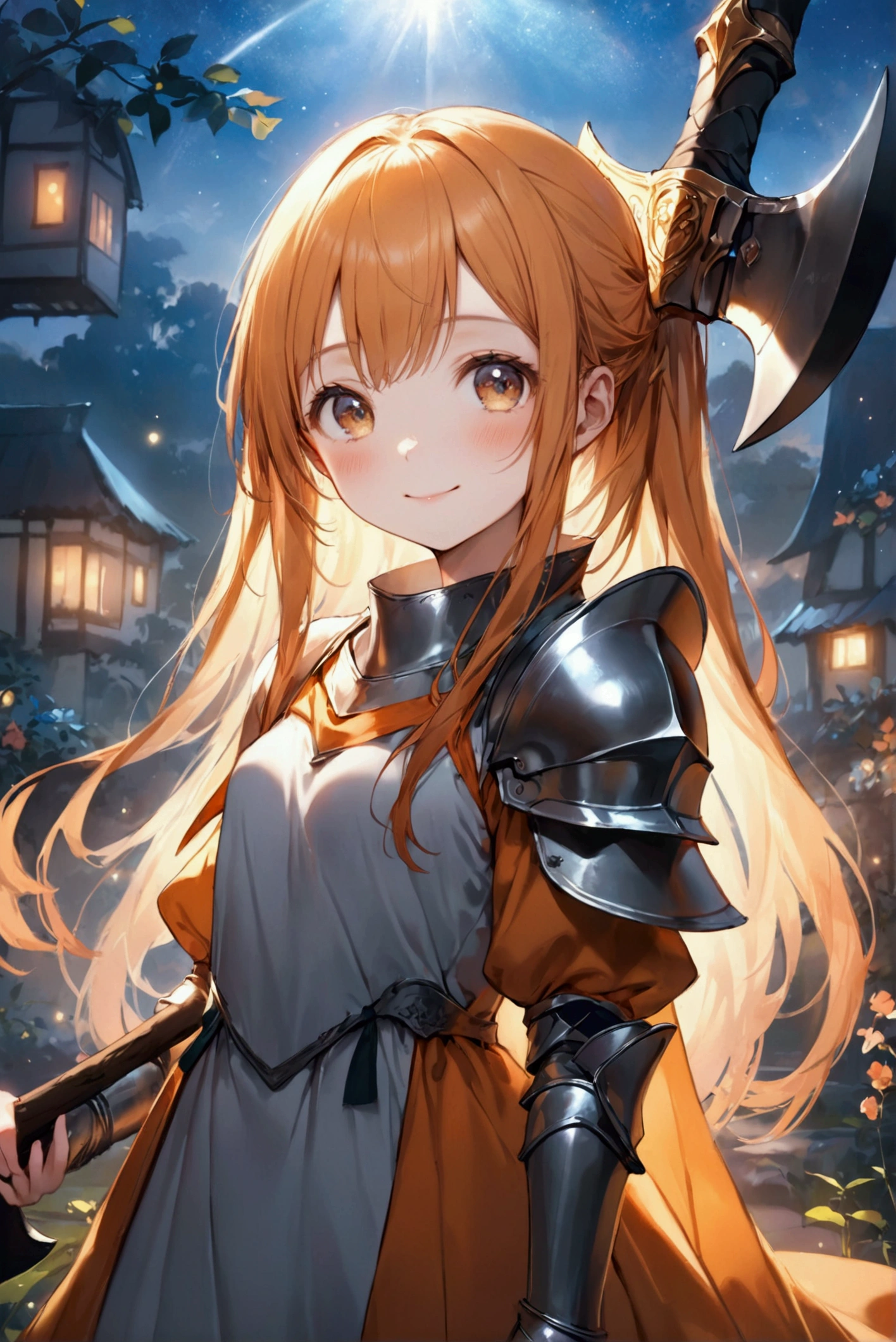 (Highest quality, 8k, 32K, masterpiece, Ultra-high resolution,:1.2),to be born, One Girl,So cute , 夜の電子世界のようなFantasy背景, clear, Shining Eyes, Age 25 ,Fair skin, Orange Girl, Long Hair, An innocent smile, Has a big axe, female knight, Fantasy