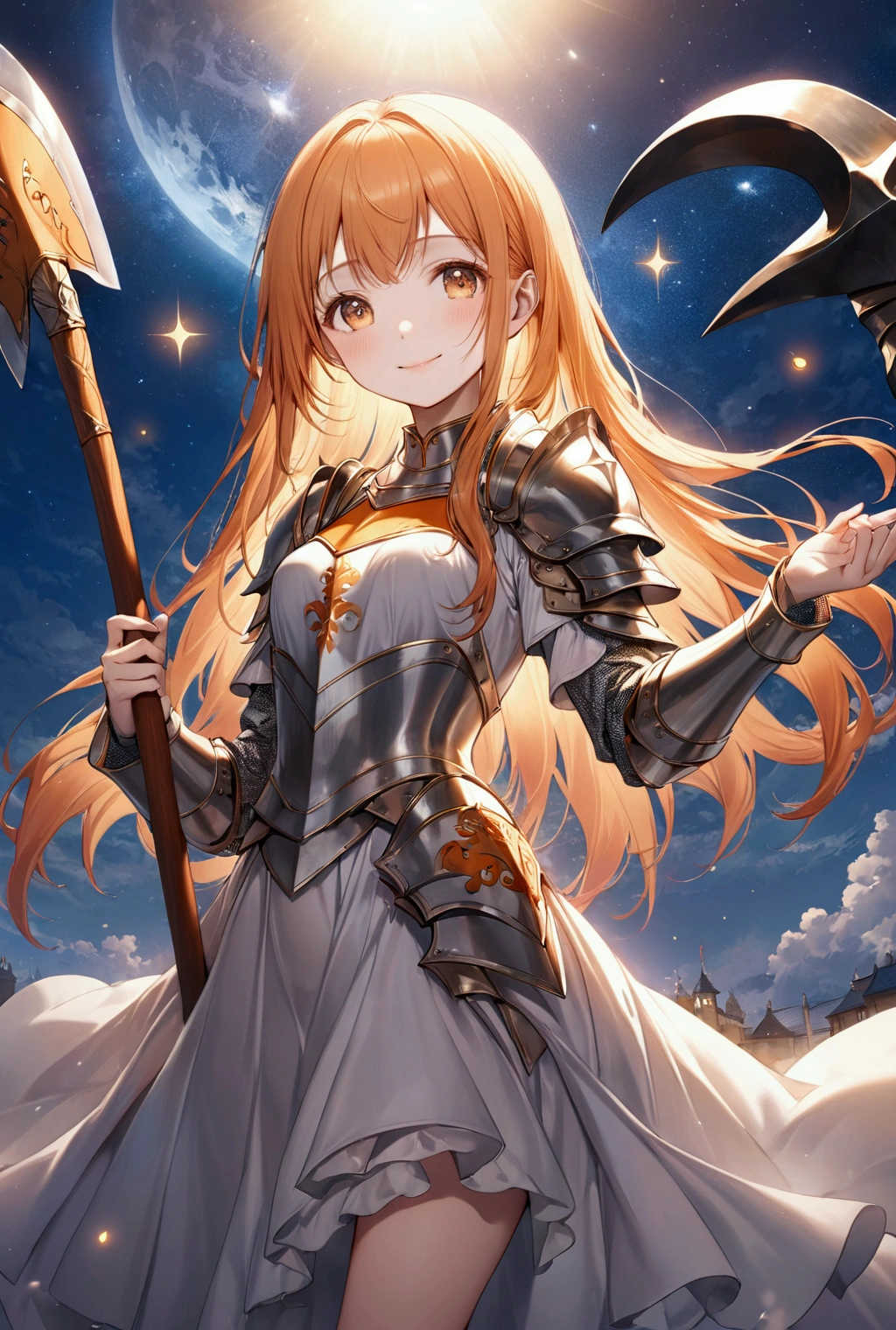 (Highest quality, 8k, 32K, masterpiece, Ultra-high resolution,:1.2),to be born, One Girl,So cute , 夜の電子世界のようなFantasy背景, clear, Shining Eyes, Age 25 ,Fair skin, Orange Girl, Long Hair, An innocent smile, Has a big axe, female knight, Fantasy