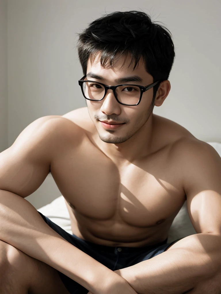 (protrait photo) asian man, 30 years old, wear glasses, shirtless, panties, His hair is neat, Face clean and clean, round face, short hair, eyes reveal wisdom and confidence, He smiles and looks at the camera, Convey a professional and capable temperament, Ultra high quality, masterpiece, textured skin, high quality, high resolution, best quality, high detail, full-length photo, whole body, sitting, lifted arms, spread legs