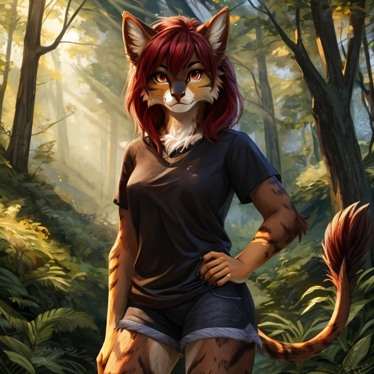 Masterpiece, best quality, (solo), female anthro eagle gryphon, wears black shirt with shorts, dark brown fur, fluffy body, dark red hair, gold eyes, neutral pose, standing in the forest, sunny day