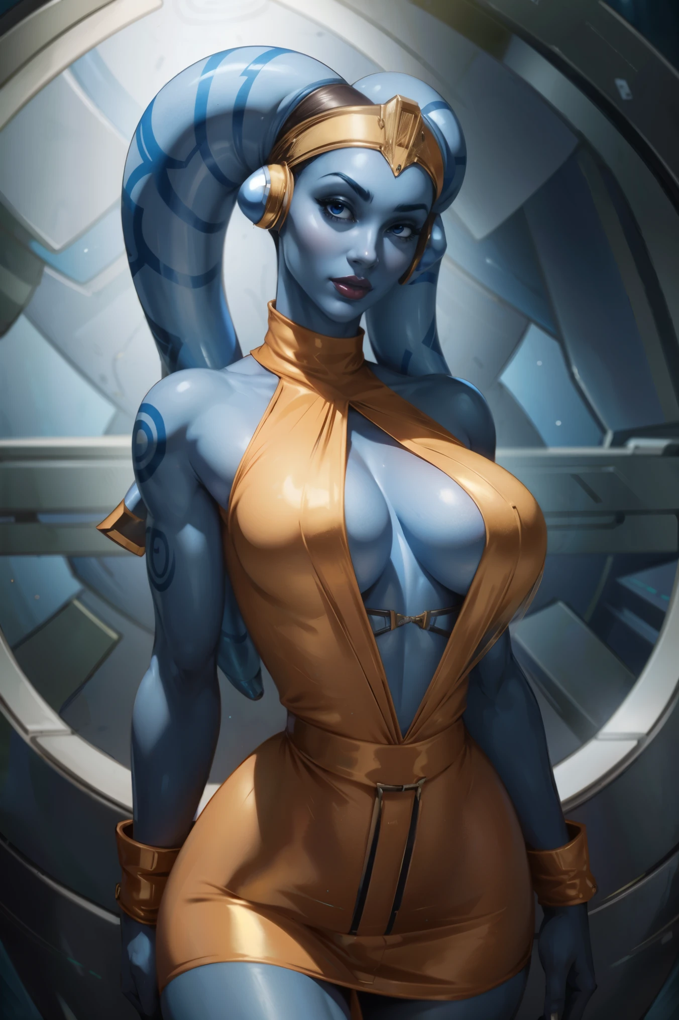 Tall Blue Skin Twi'lek with (huge breasts) wearing a tight short gold minidress, short dress, miniskirt, high neck, sleeveless, (keyhole cleavage), tattoos, huge breasts, cleavage, tall, graceful, (tall, long legs), toned, slim hips, small waist, full-body shot